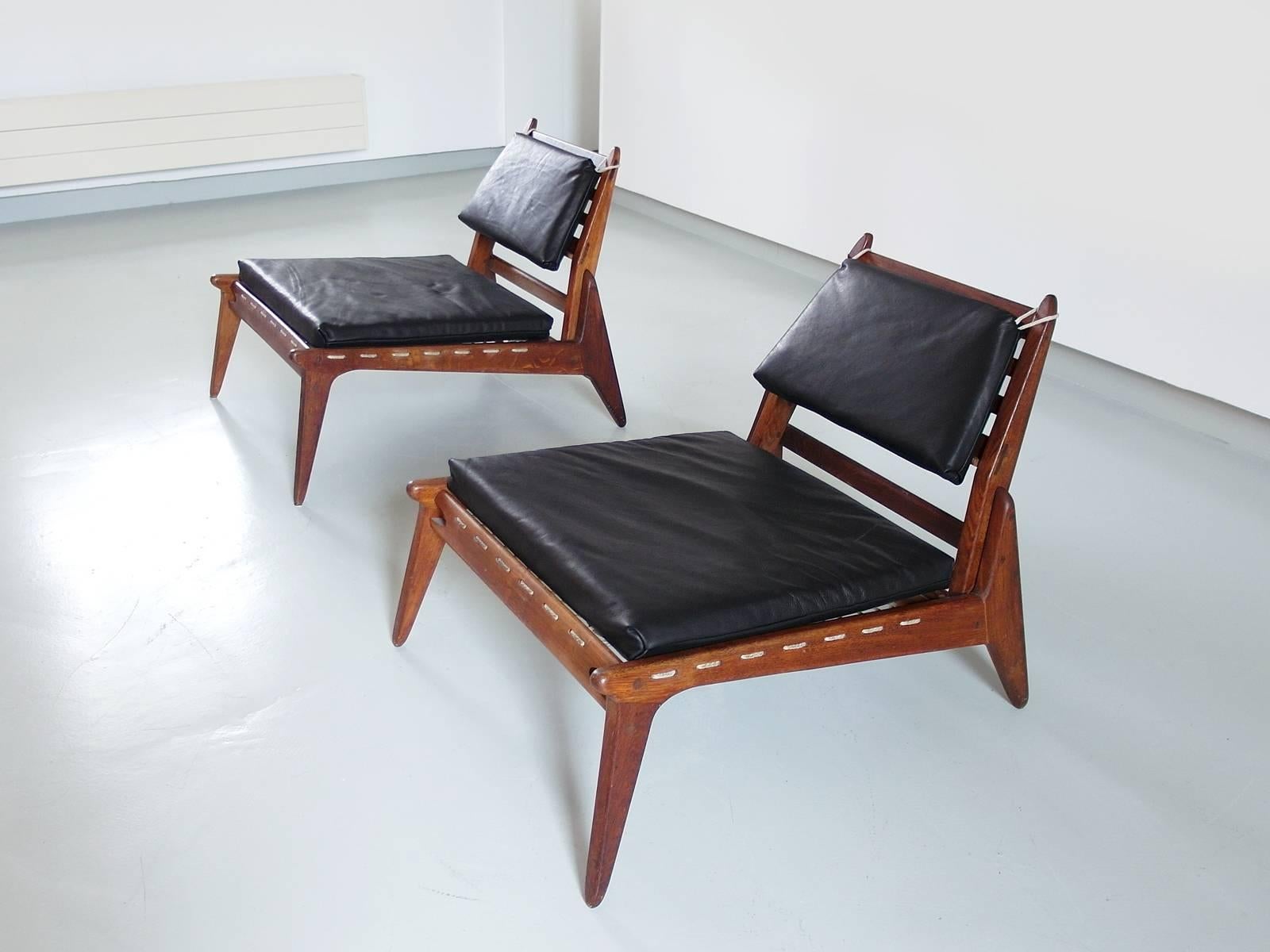 Sculptural Pair of Black Leather Hunting Chairs in Oak, Germany, 1950s 2