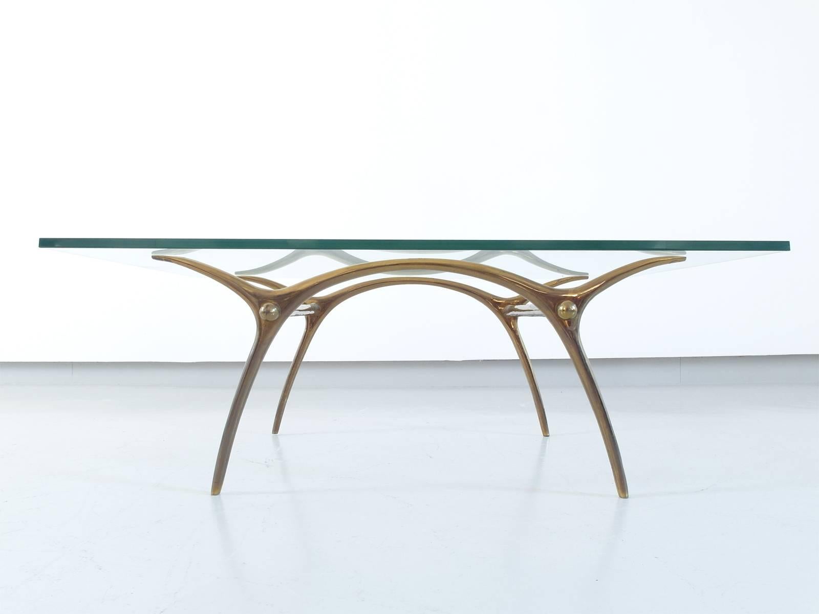 Mid-20th Century Kouloufi Coffee Table in Glass an Polished Brass, Brussels, 1958 For Sale