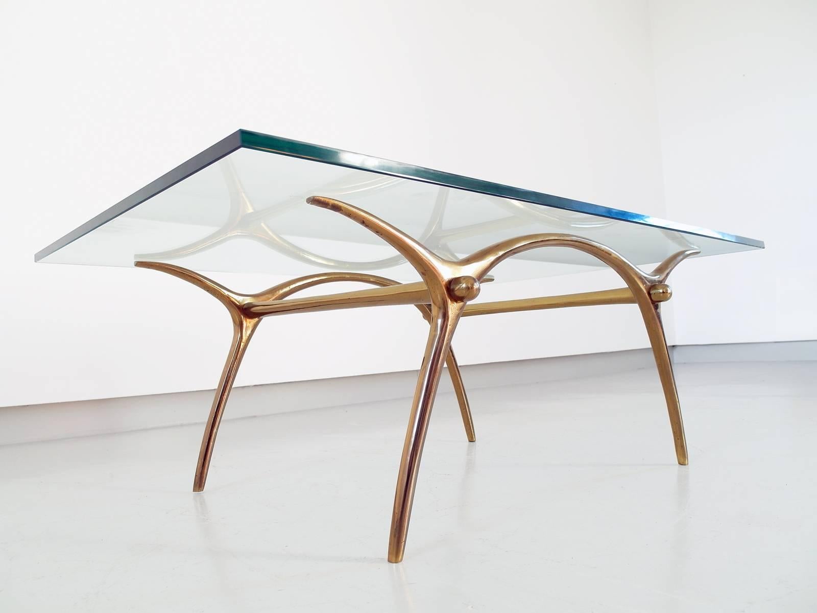 Mid-Century Modern Kouloufi Coffee Table in Glass an Polished Brass, Brussels, 1958 For Sale