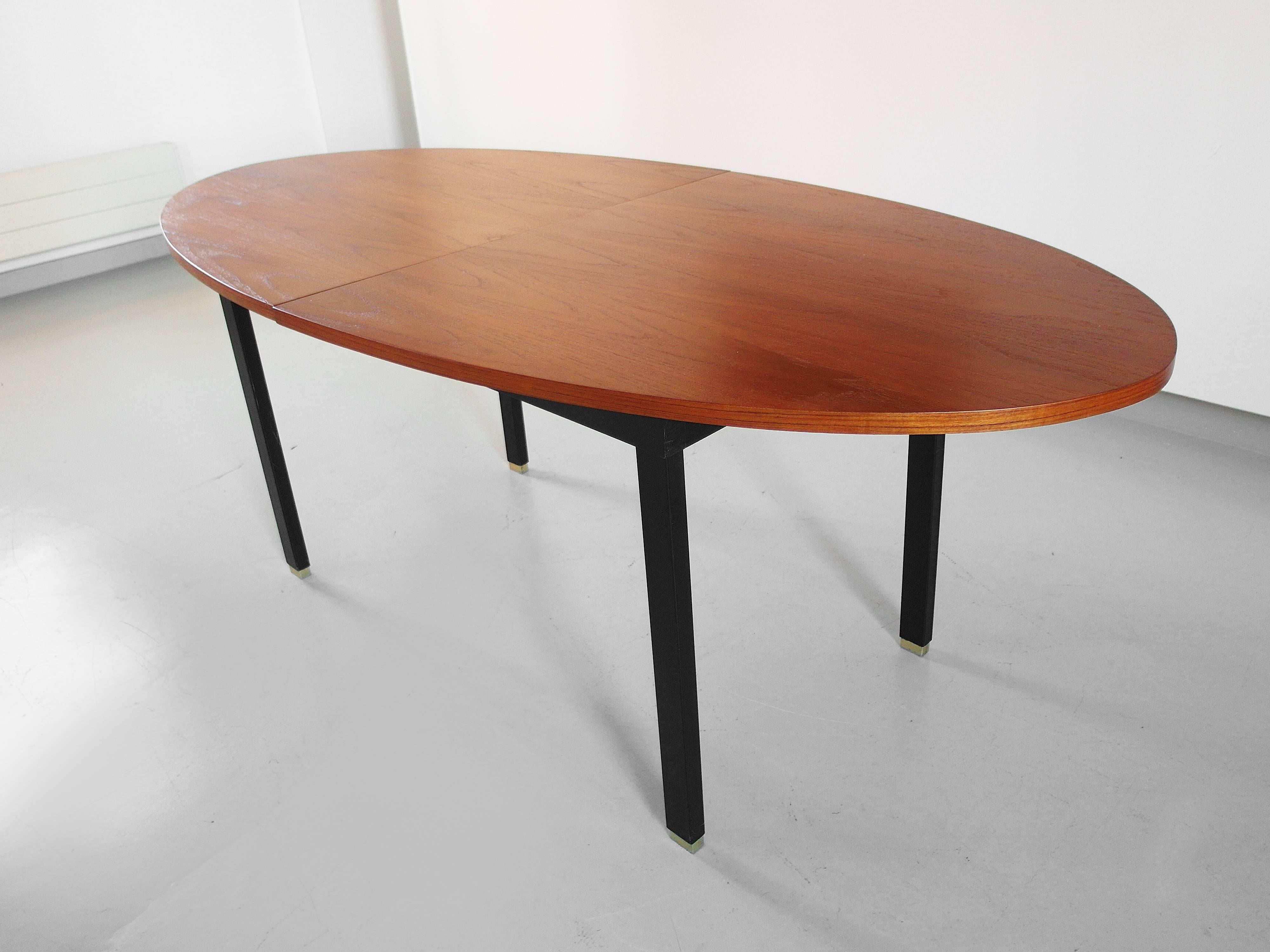 Mid-Century Modern Extendable Oval Dining Table with Teak Top and Brass Feet, Belgium, 1960s