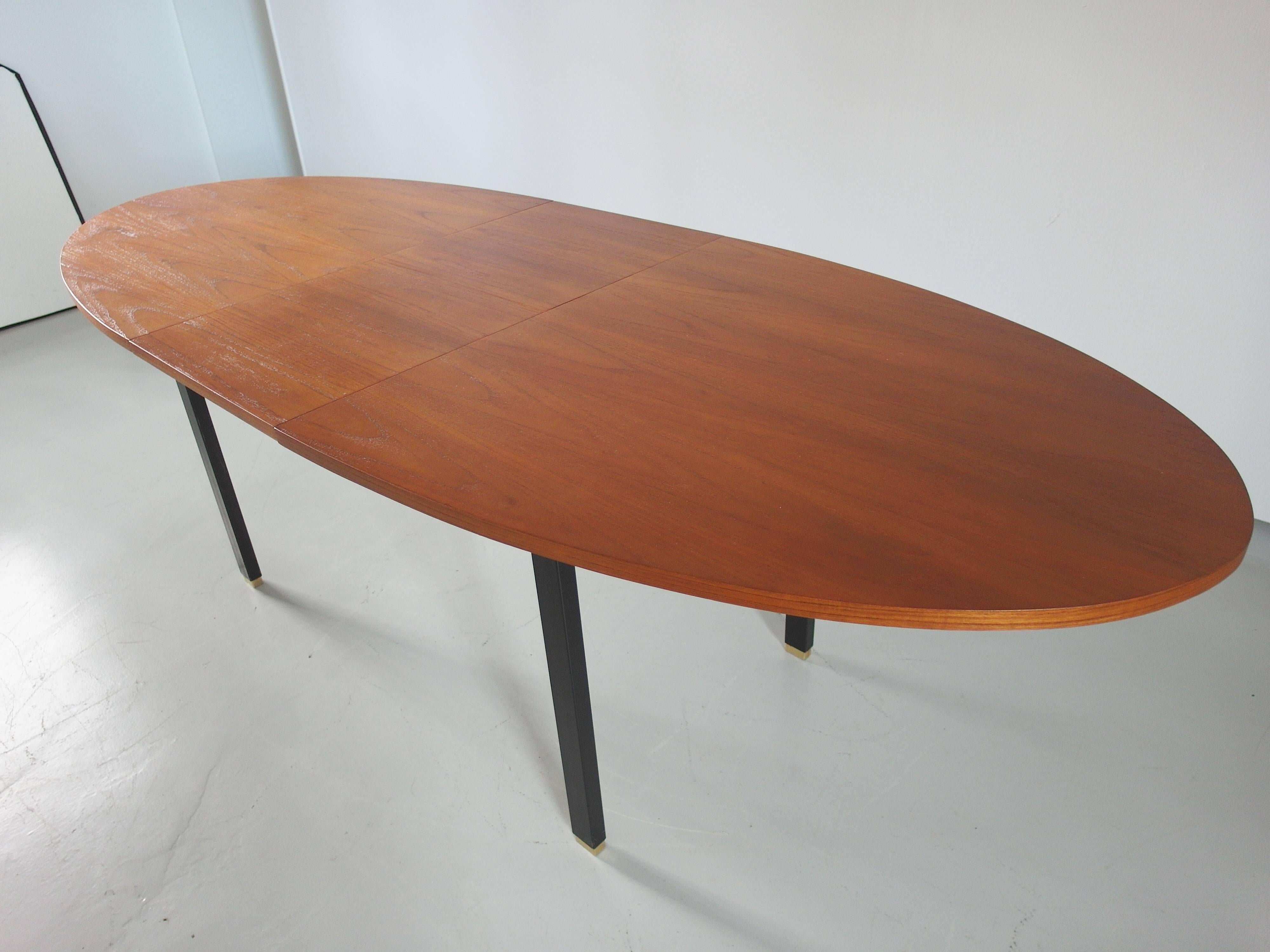 Mid-20th Century Extendable Oval Dining Table with Teak Top and Brass Feet, Belgium, 1960s