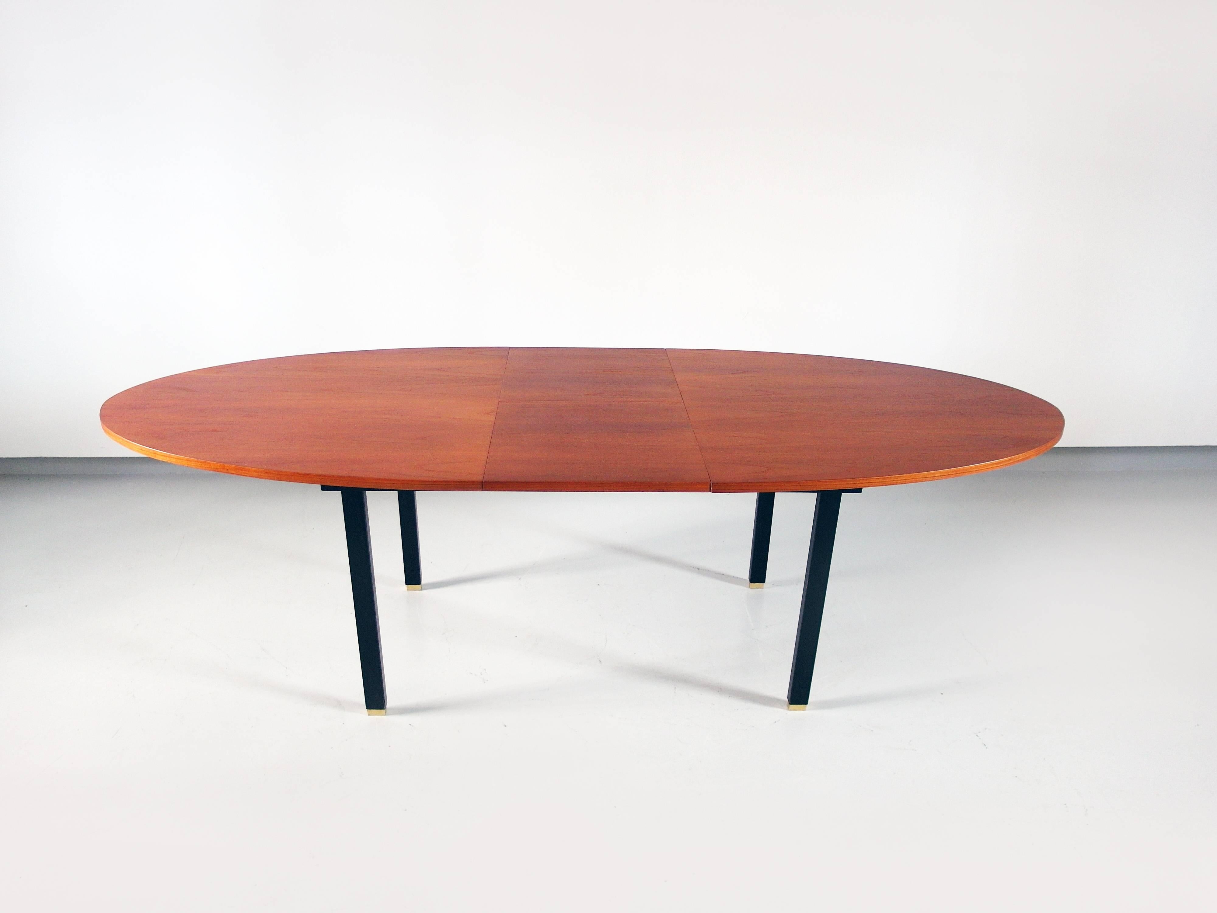 Metal Extendable Oval Dining Table with Teak Top and Brass Feet, Belgium, 1960s