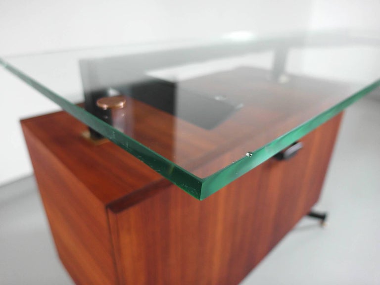 Italian Modernist Dry Bar With Thick Floating Glass Top And Brass