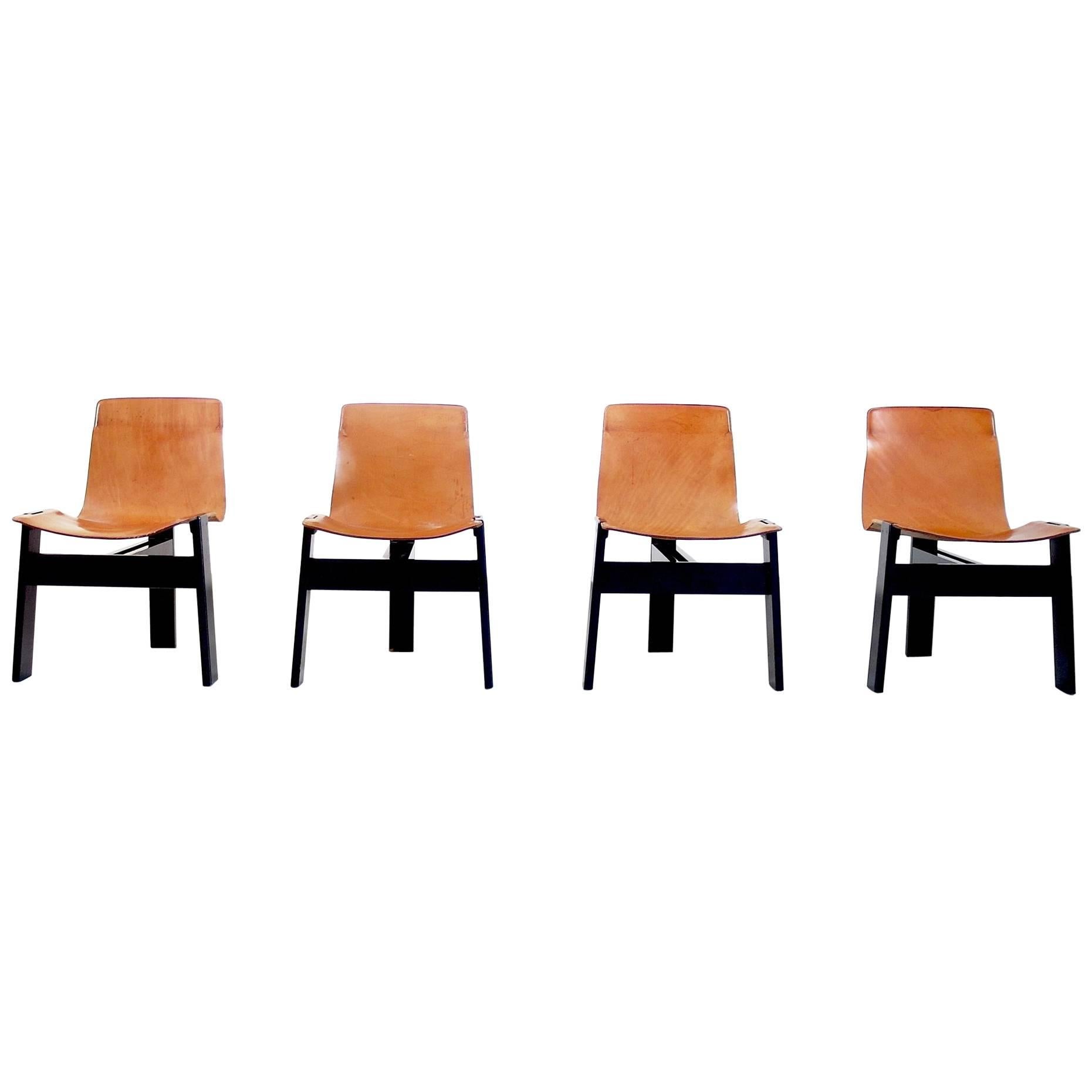 Angelo Mangiarotti Original Tre Three Dining Chairs in Cognac Leather, Italy