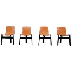 Angelo Mangiarotti Original Tre Three Dining Chairs in Cognac Leather, Italy