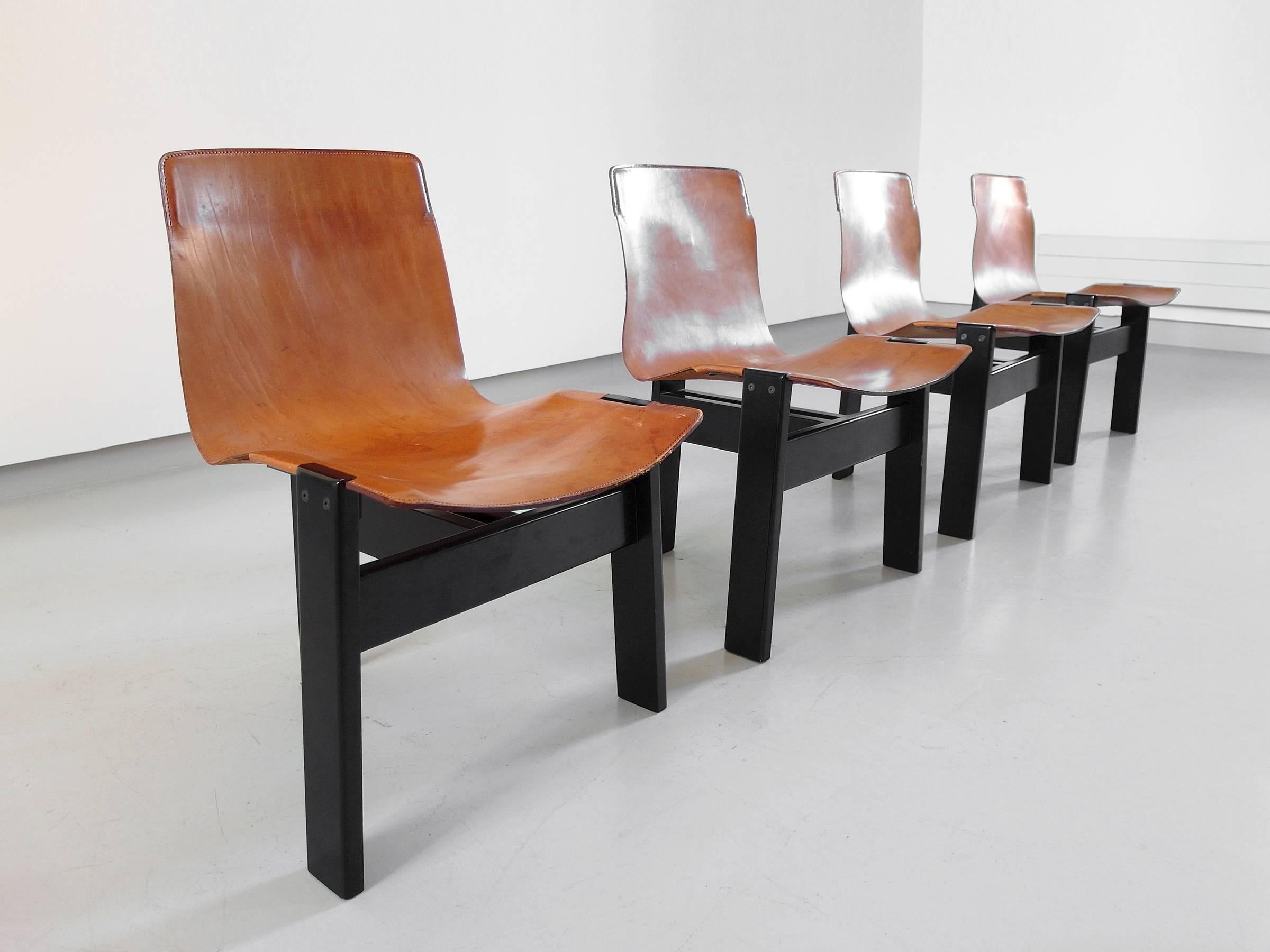 Mid-Century Modern Angelo Mangiarotti Original Tre Three Dining Chairs in Cognac Leather, Italy