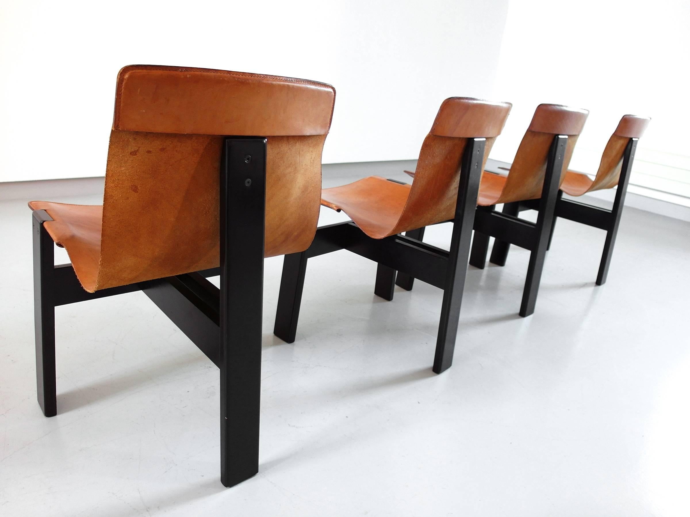 Italian Angelo Mangiarotti Original Tre Three Dining Chairs in Cognac Leather, Italy