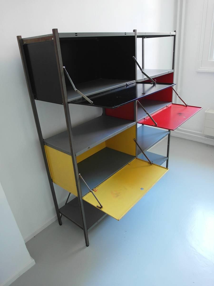 Dutch Colorful Industrial Metal Storage Cabinet by Wim Rietveld for Gispen, 1954