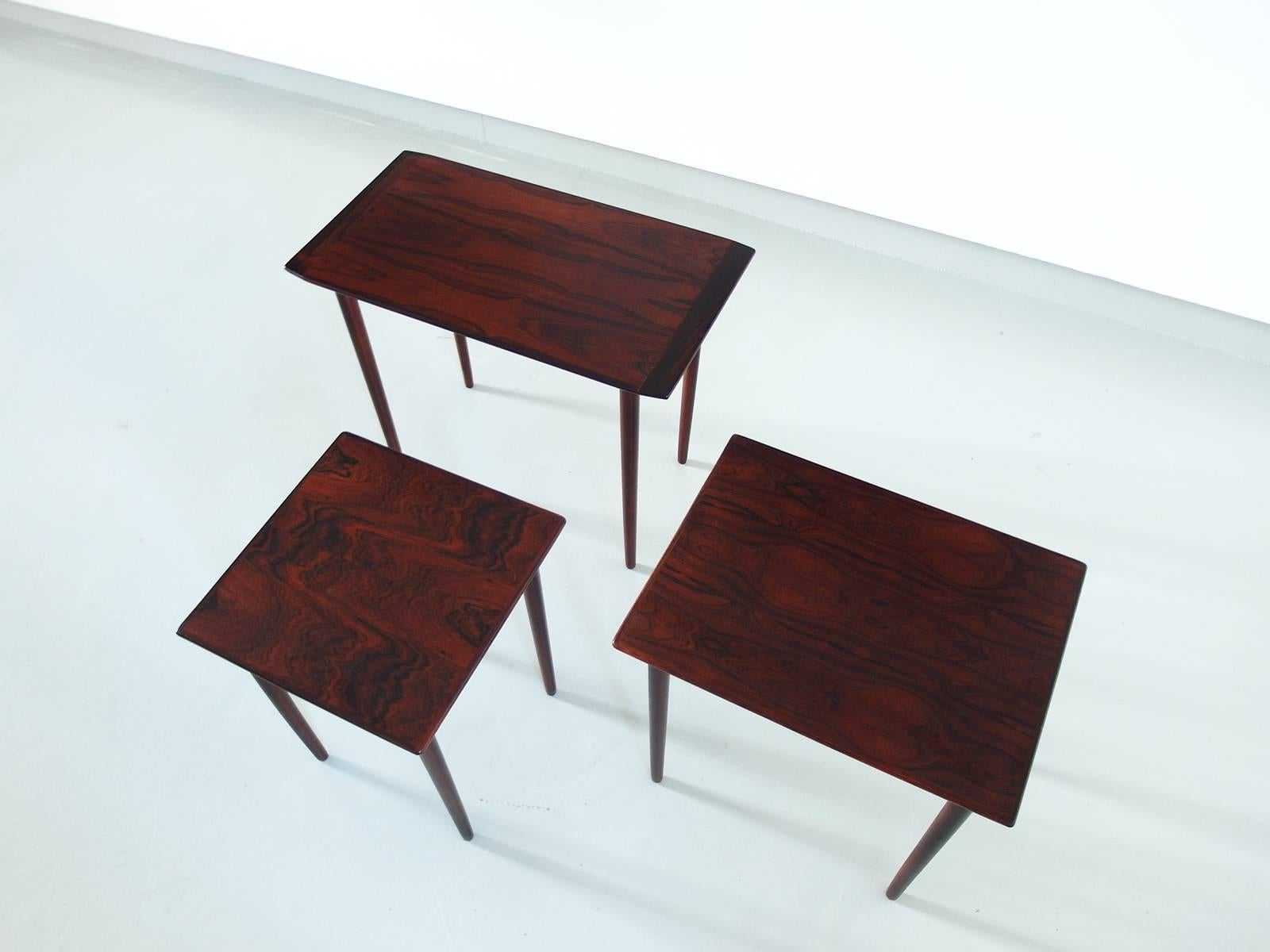 Scandinavian Modern Elegant Set of three Rosewood Nesting Tables by Gustav Bahus, Norway, 1960s