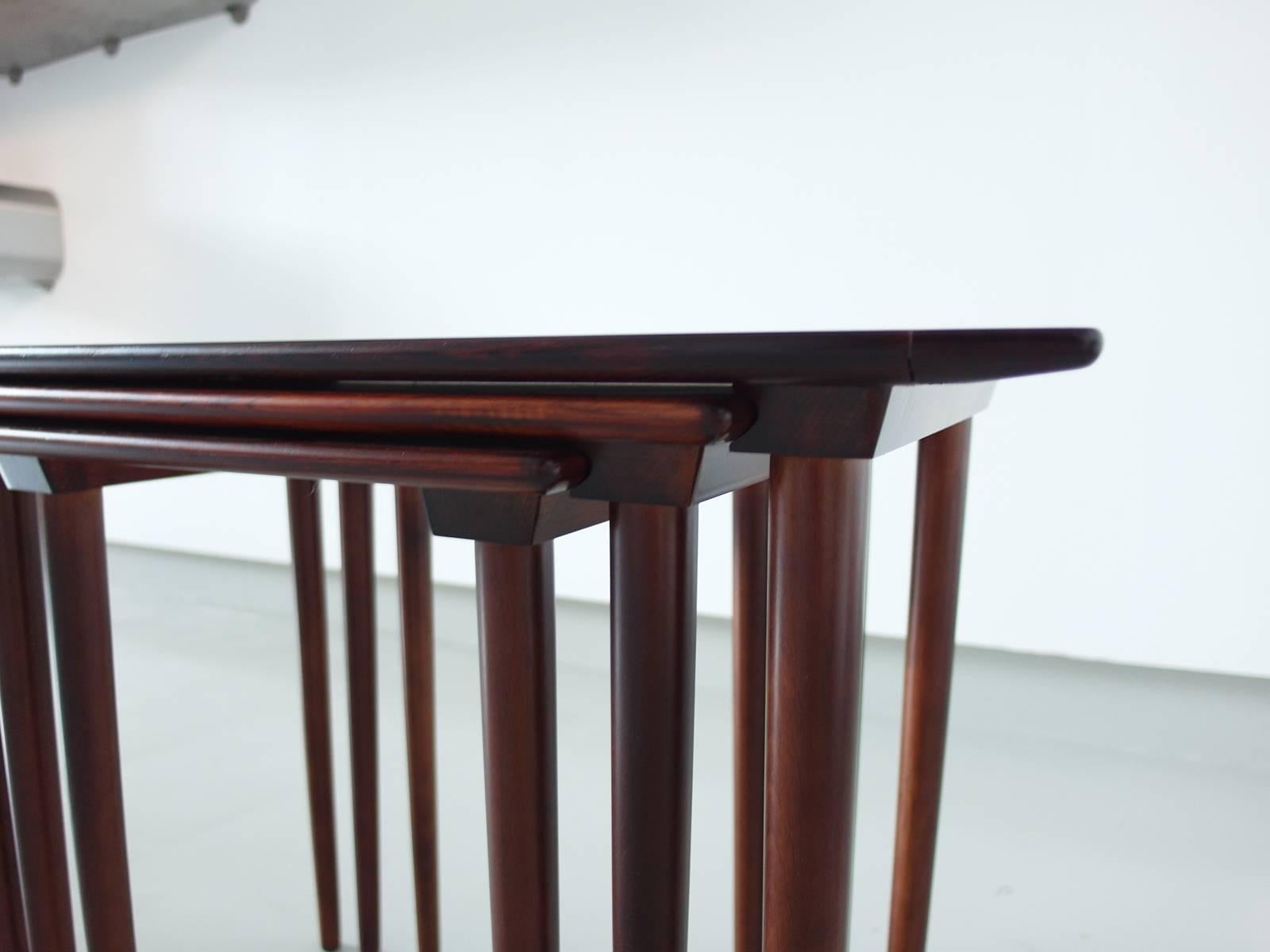 Mid-20th Century Elegant Set of three Rosewood Nesting Tables by Gustav Bahus, Norway, 1960s