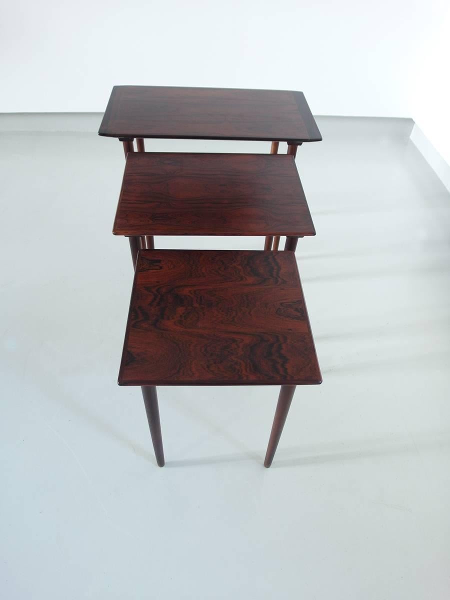 Norwegian Elegant Set of three Rosewood Nesting Tables by Gustav Bahus, Norway, 1960s