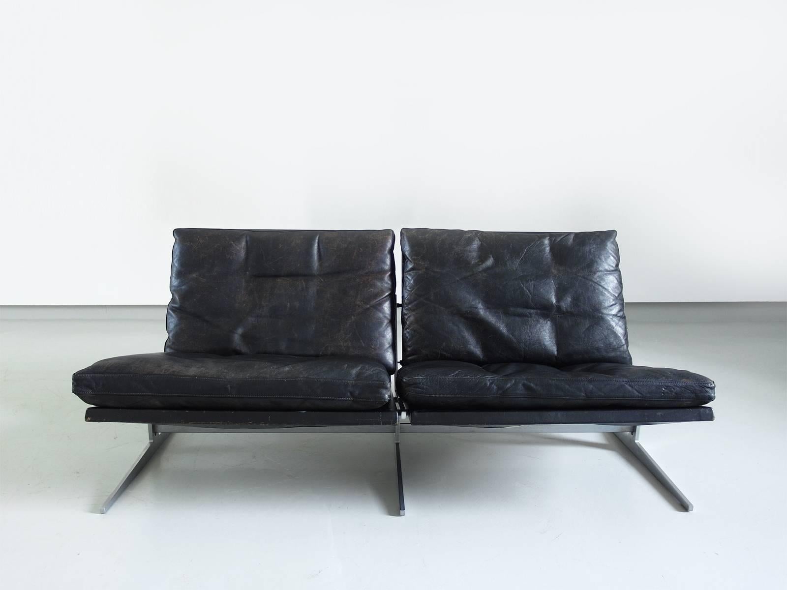 Brushed Fabricius and Kastholm Black Leather Two-Seat Sofa for Bo-Ex, Denmark, 1962