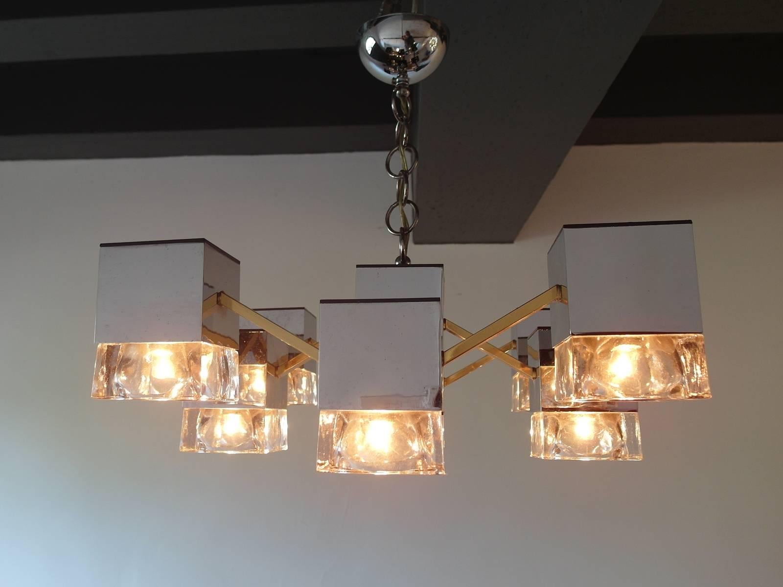 Sciolari Mirrored Chandelier with Glass Cubes and Brass, Italy, 1970s For Sale 1