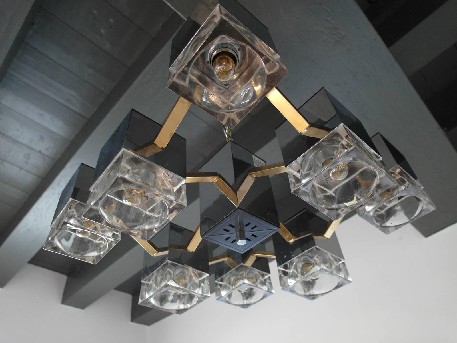 Sciolari Mirrored Chandelier with Glass Cubes and Brass, Italy, 1970s For Sale 2