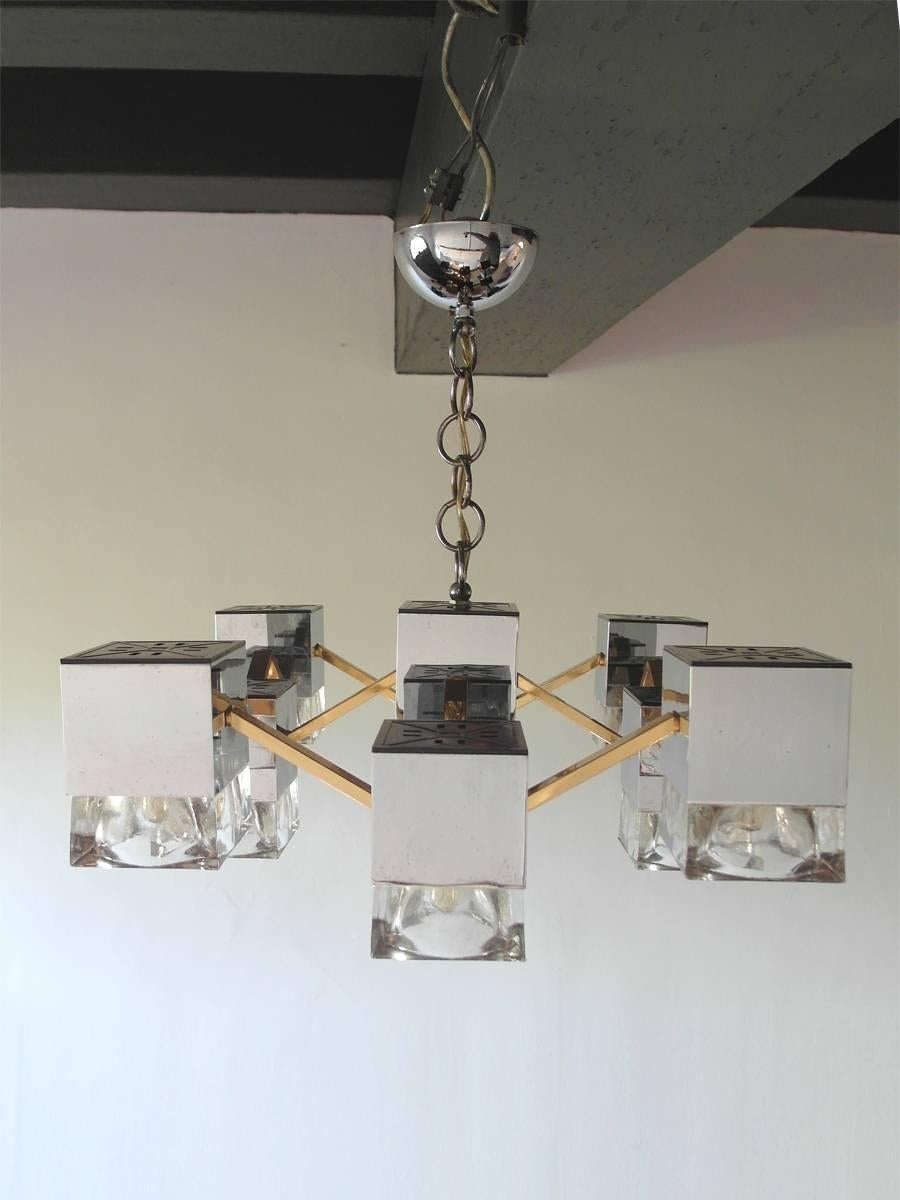 Sciolari Mirrored Chandelier with Glass Cubes and Brass, Italy, 1970s For Sale 3