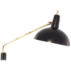 Italian Wall Light in Black and Brass with Adjustable Arm, 1950s