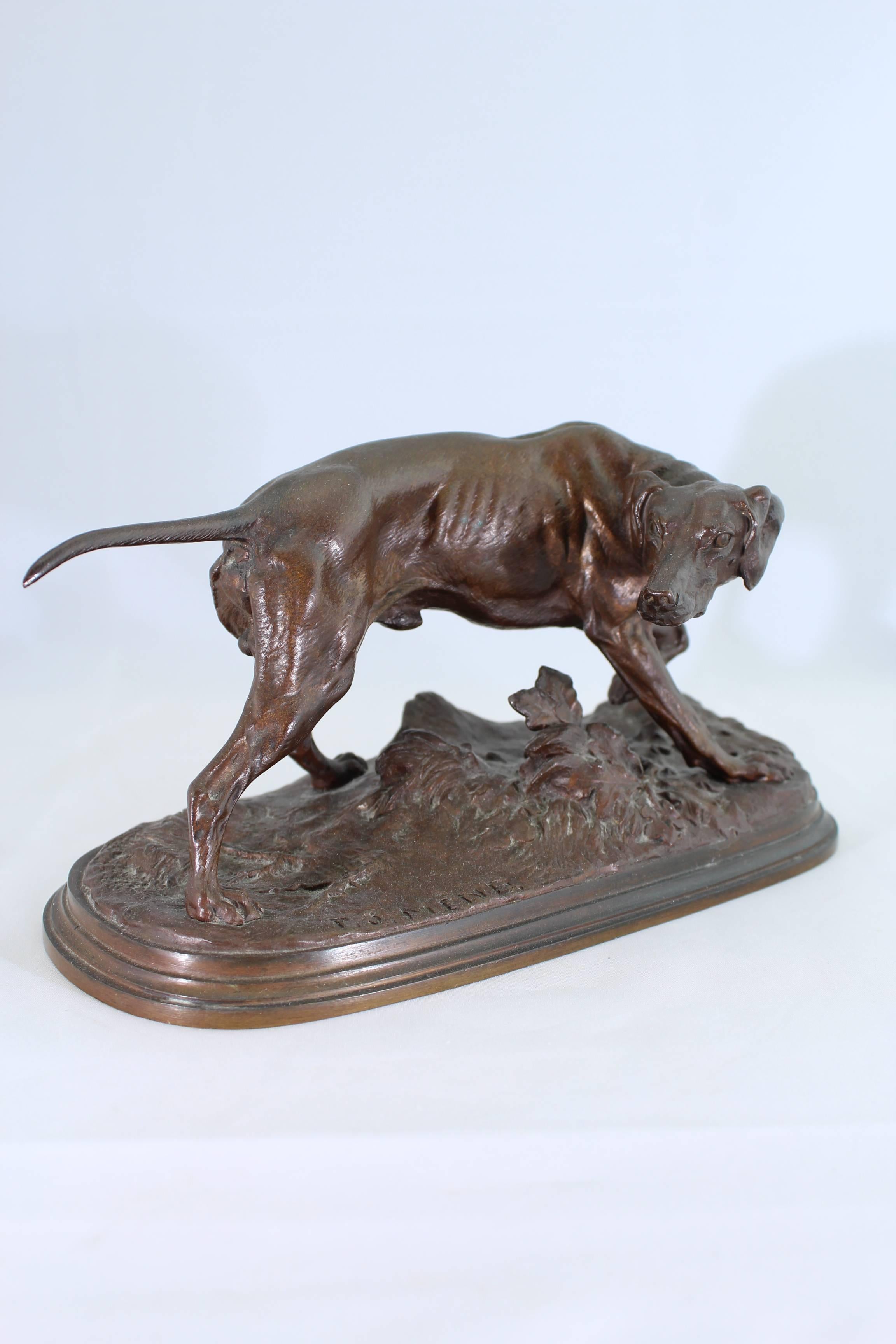 Pierre Jules Mene (French, 1810-1879) 
Chien Braque a la Feuille 
Bronze with brown patina 
9.5 inches (24 cm) long 
5 inches (12.7 cm) high 

Inscribed on base: PJ Mene

Condition: Excellent 

PROPERTY FROM THE COLLECTION OF STANLEY G. AND BARBARA