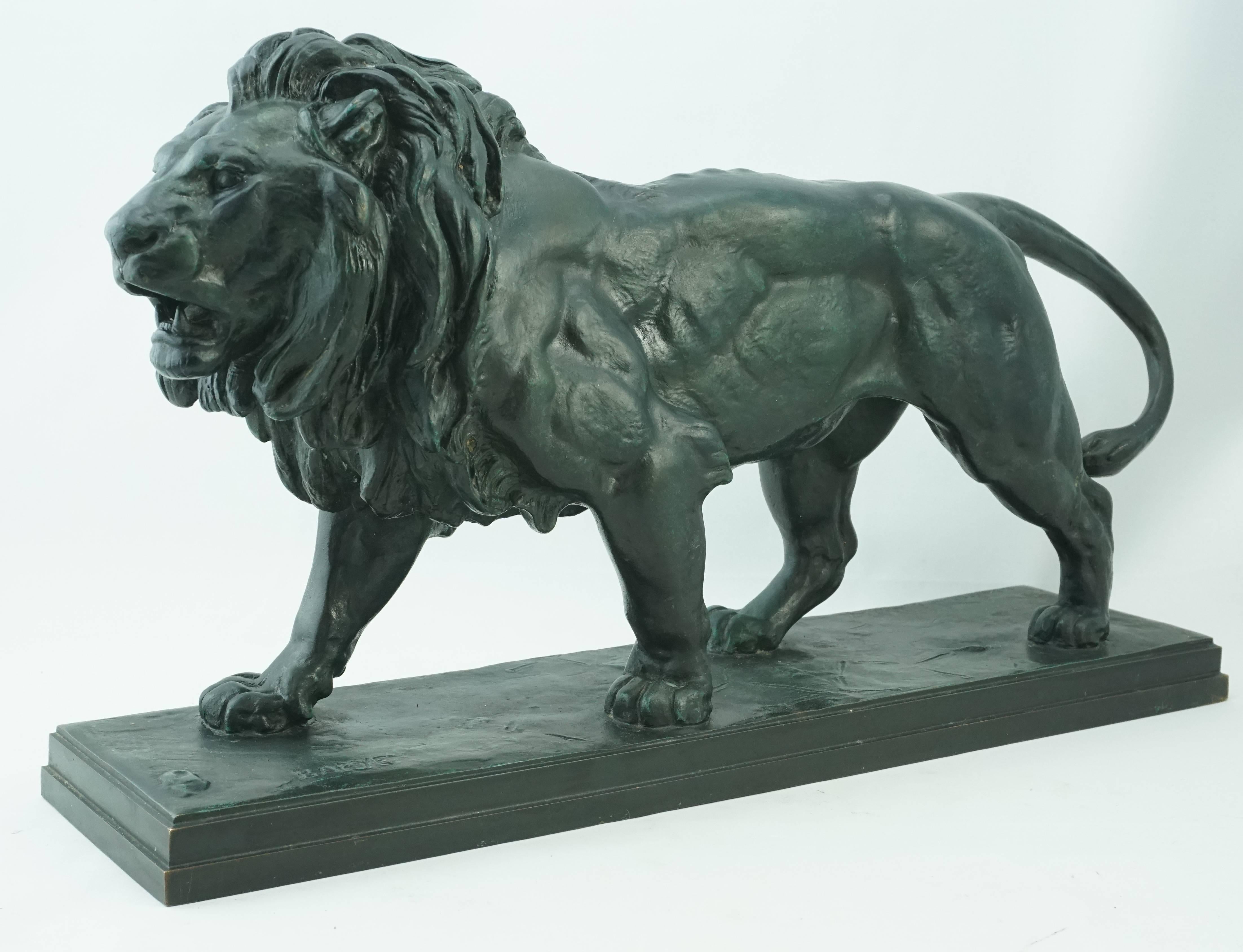 Antoine-Louis Barye (French, 1796-1875) bronze striding lion, F Barbedienne Fondeur foundry, circa 1880. Patinated green patina.

Incised Barye and F. Barbedienne Fondeur and 43 underside 

Dimensions: 15.5 inches wide, 9 inches high, 4.2 inches
