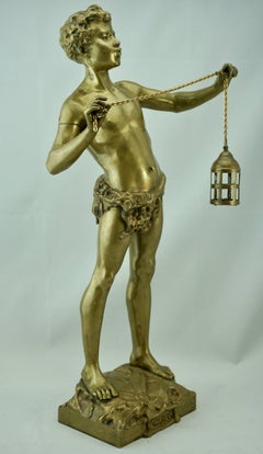 Adolphe Jean Lavergne Large Gilt Bronze Figure of a Boy with Lantern