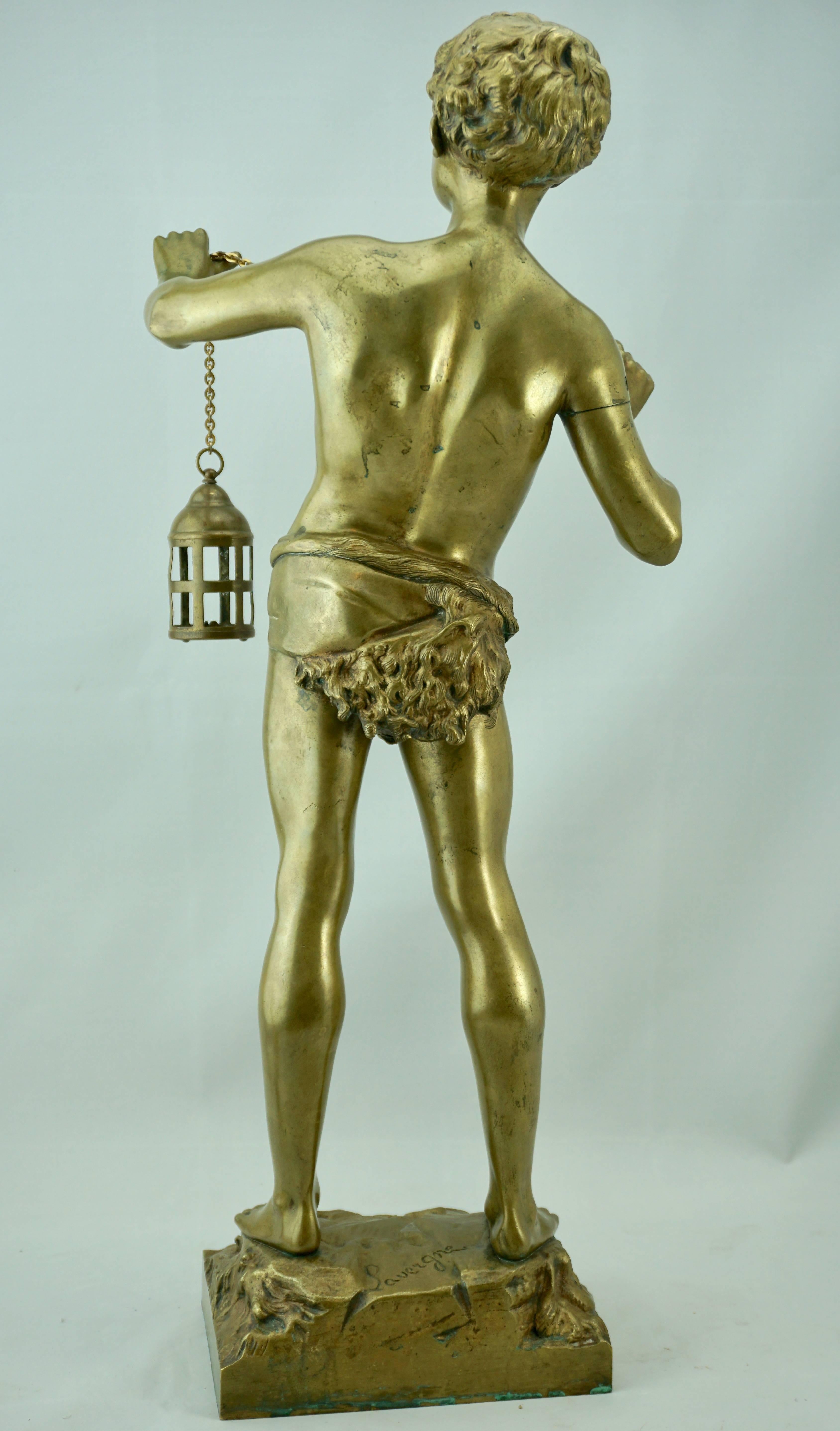 Beaux Arts Adolphe Jean Lavergne Large Gilt Bronze Figure of a Boy with Lantern