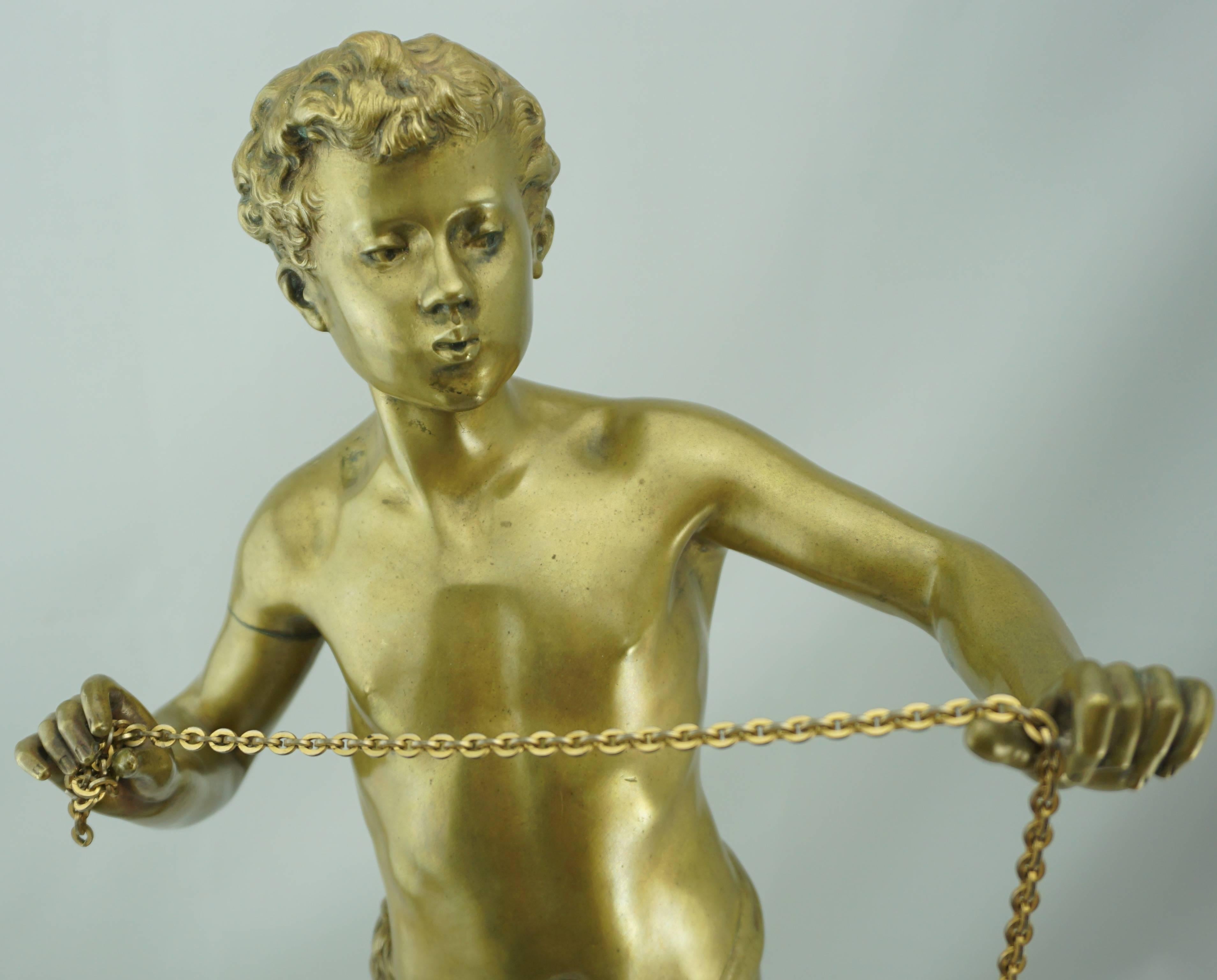 Cast Adolphe Jean Lavergne Large Gilt Bronze Figure of a Boy with Lantern