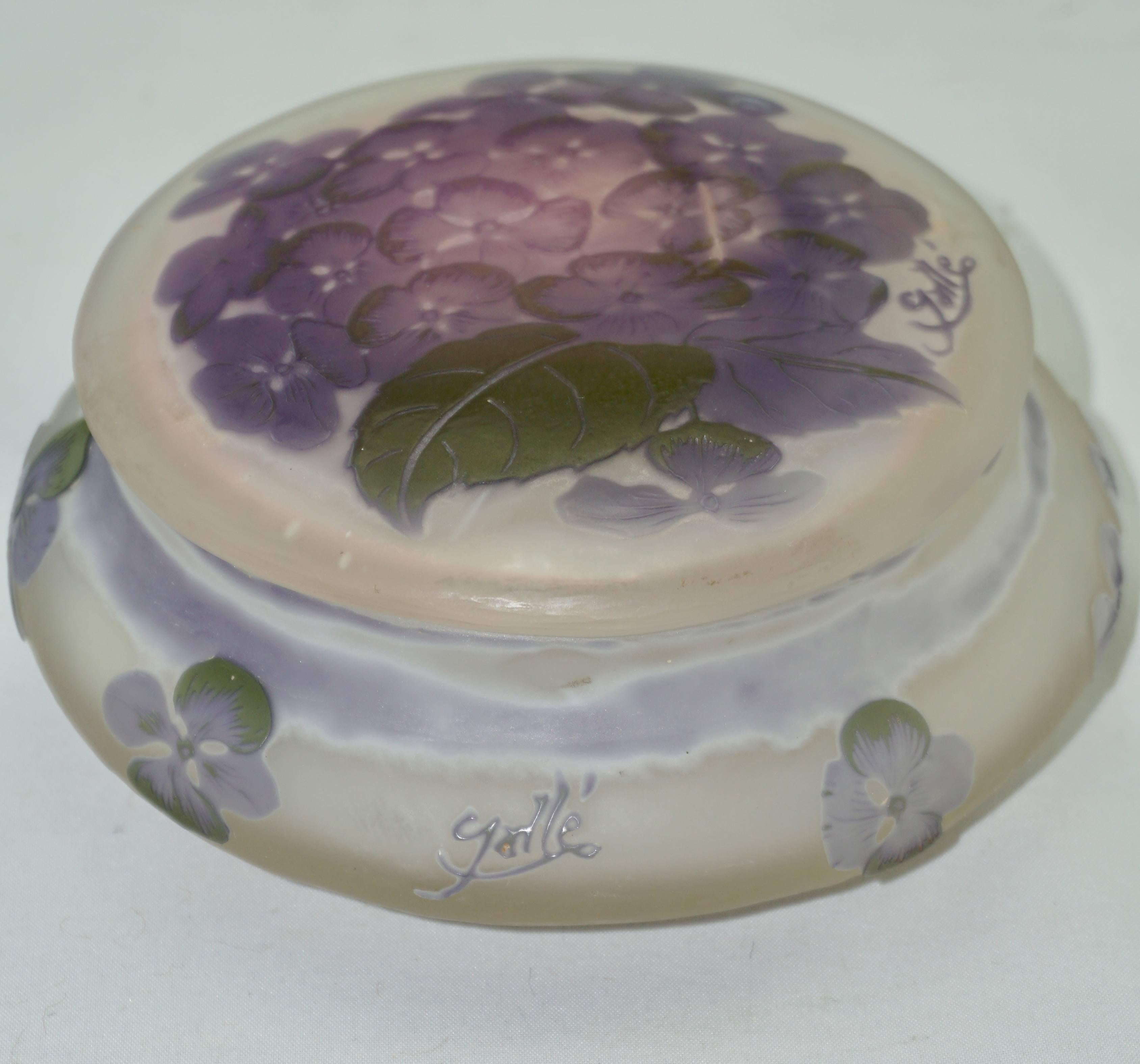 A gorgeous French Art Nouveau Emile Galle cameo, acid etched and slightly fire polished powder box. Four colors