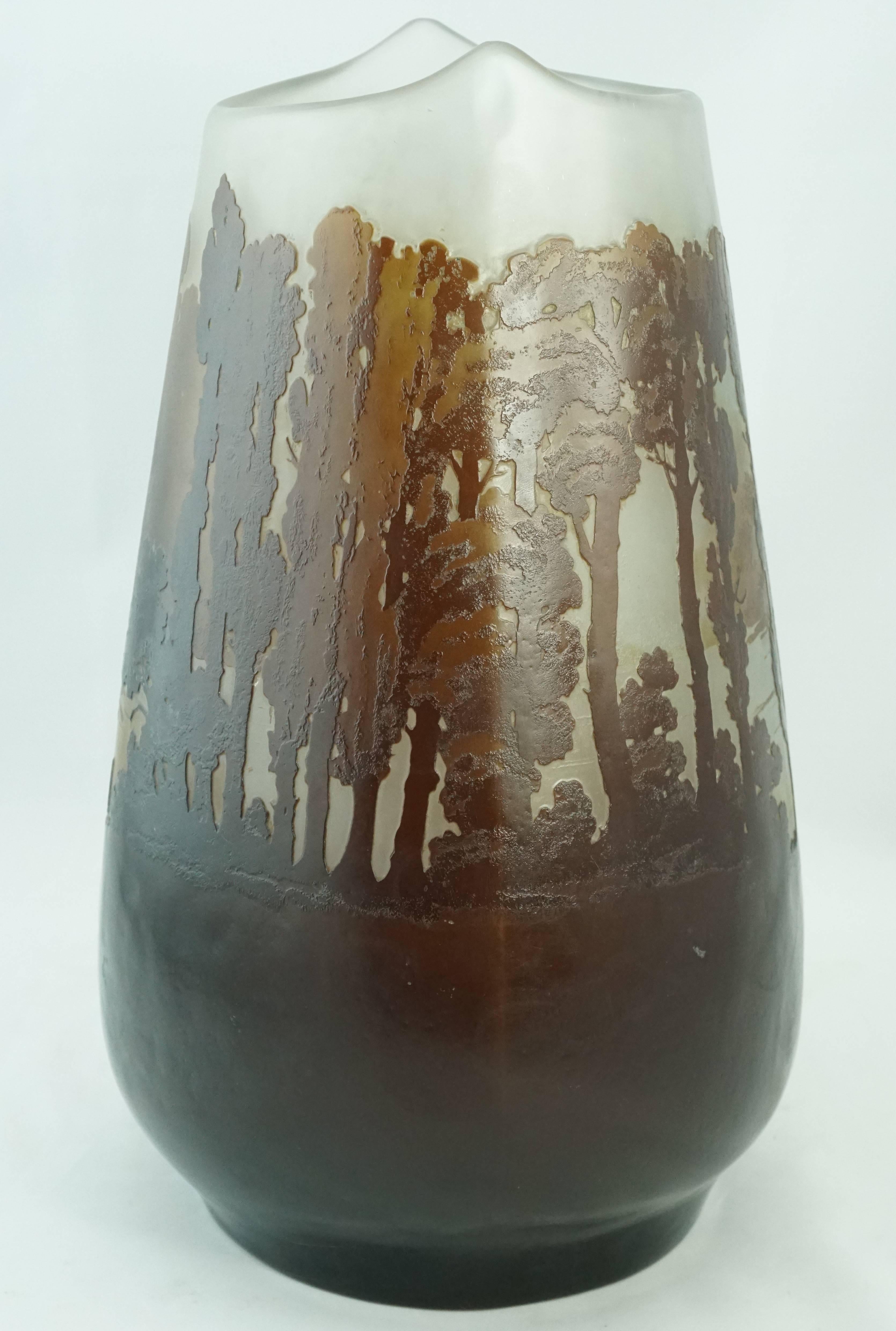 Etched Monumental Emile Galle Lake and Forest Scenic Cameo Vase