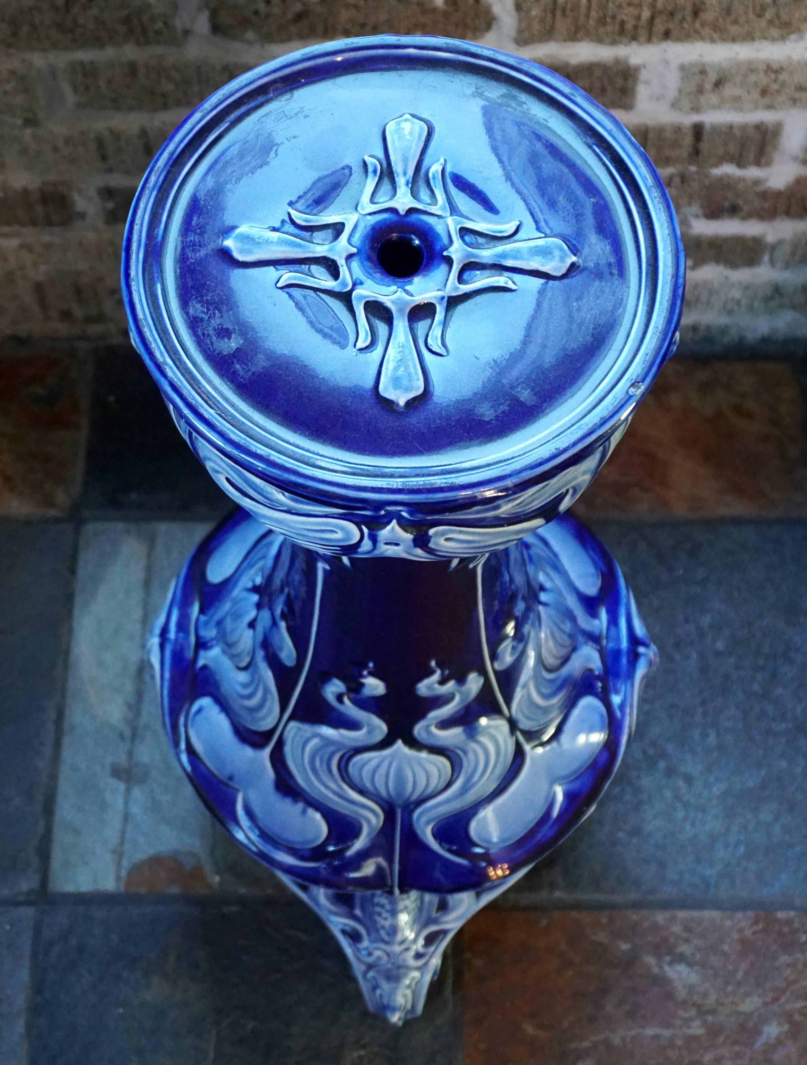 Early 20th Century French Majolica Art Nouveau Vulcan Cobalt Pedestal Jardinière, circa 1900