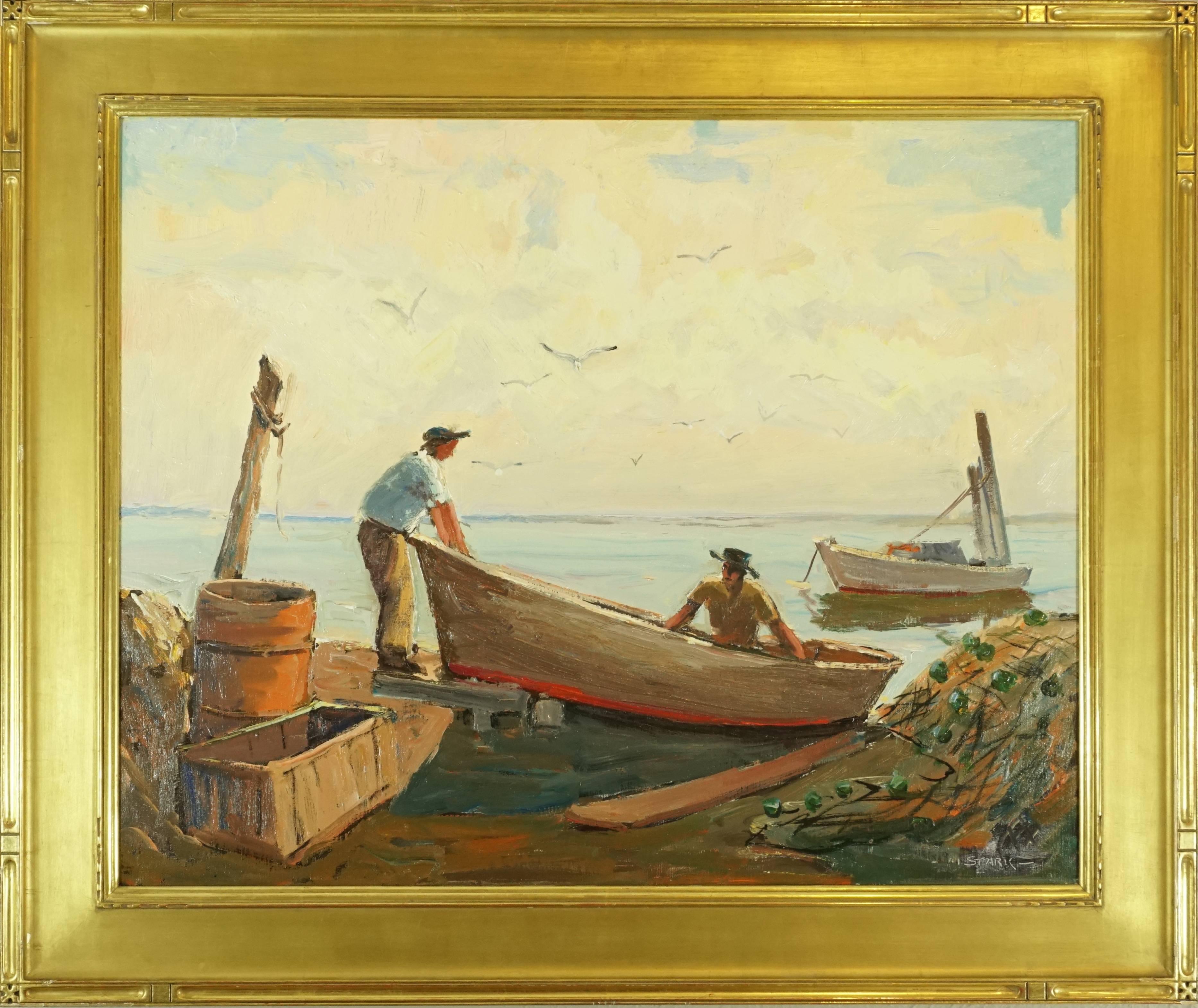 Melville F Stark (American 1903-1987) Better know as Mel Stark. Light and colorful oil on canvas of fisherman bringing in the catch on Longboat Key with nets at the dock. Please also consider our other Stark and several Emile Albert Gruppe paintings