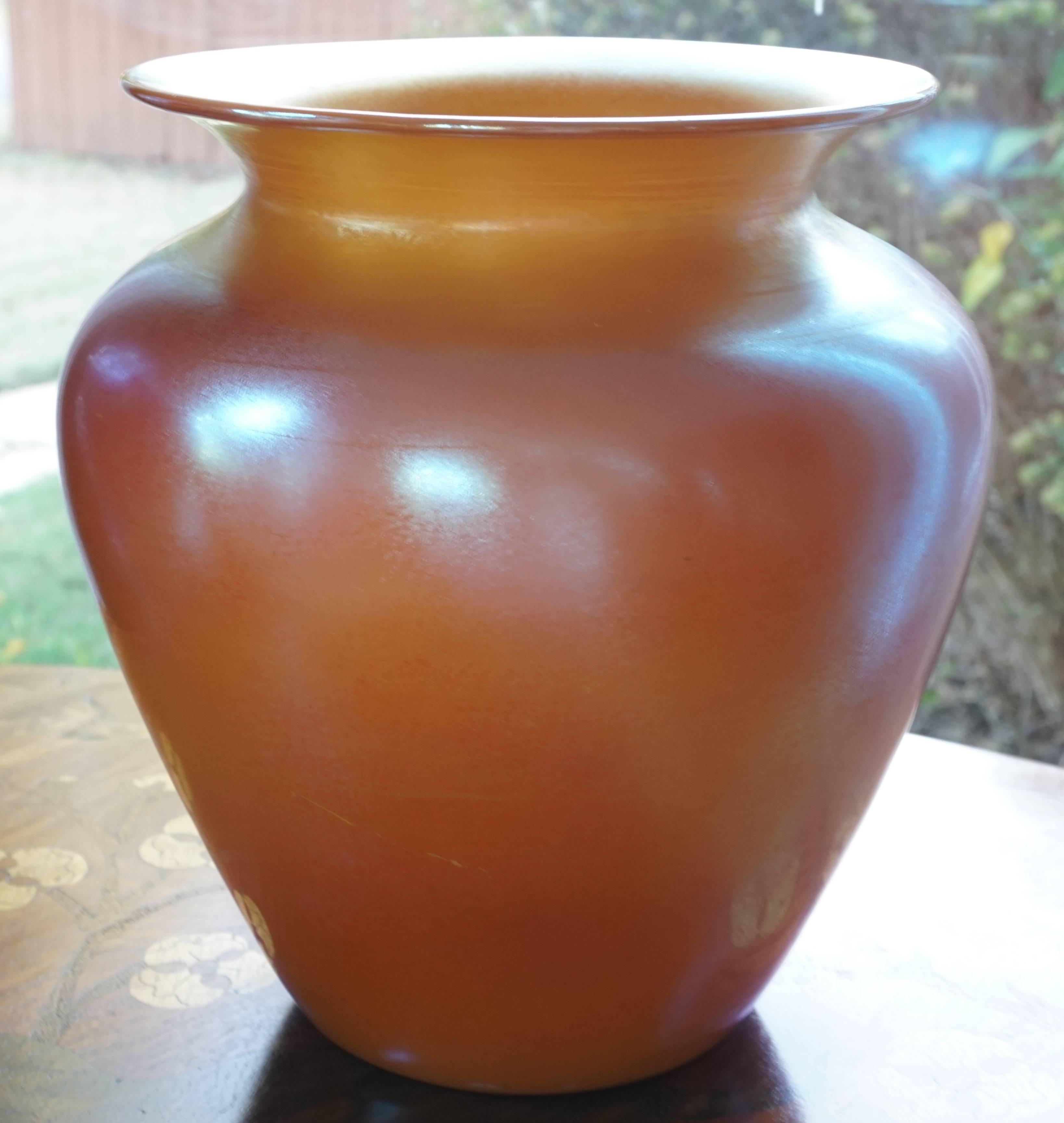 Art Nouveau Durand Irredescent Art Deco Orange and Gold Glass Vase For Sale