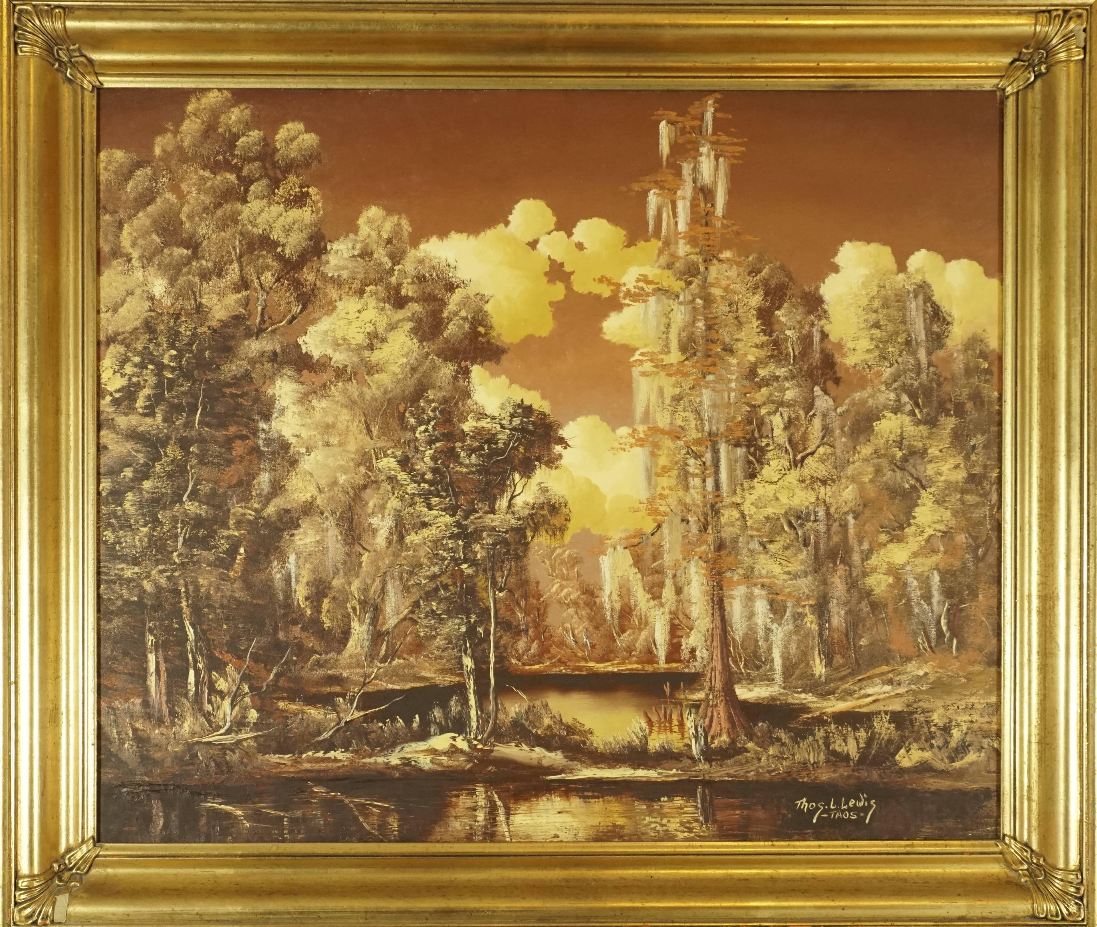 This midcentury texas oil painting is done in hues of gold and black. Thomas L Lewis pioneered many sepia techniques in Texas landscaping before he moved to Taos New Mexico to open a renowned Art Gallery, circa 1950. This particular landscape was