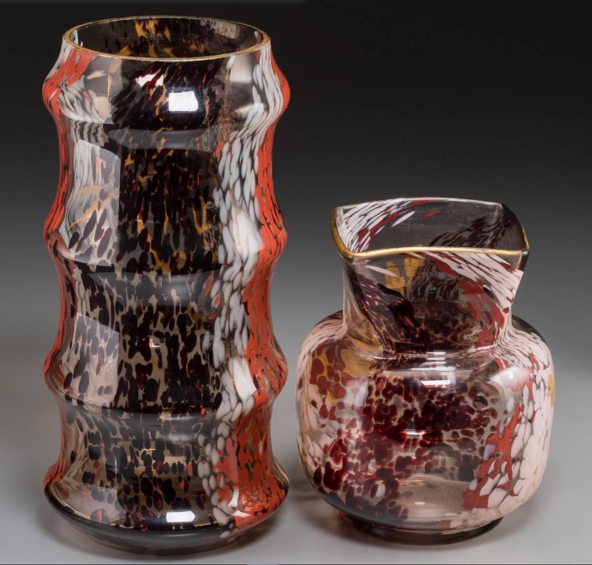 Two Jean Baptiste Ernst-Leveille enameled and mottled glass vases, circa 1900 from the Art Nouveau period in France.

Height 12.5 inches
Width: 6.5 inches 
(31.8 x 15.9 cm) (larger)

Height: 8 inches
Width: 7 inches
(Smaller)

Condition: