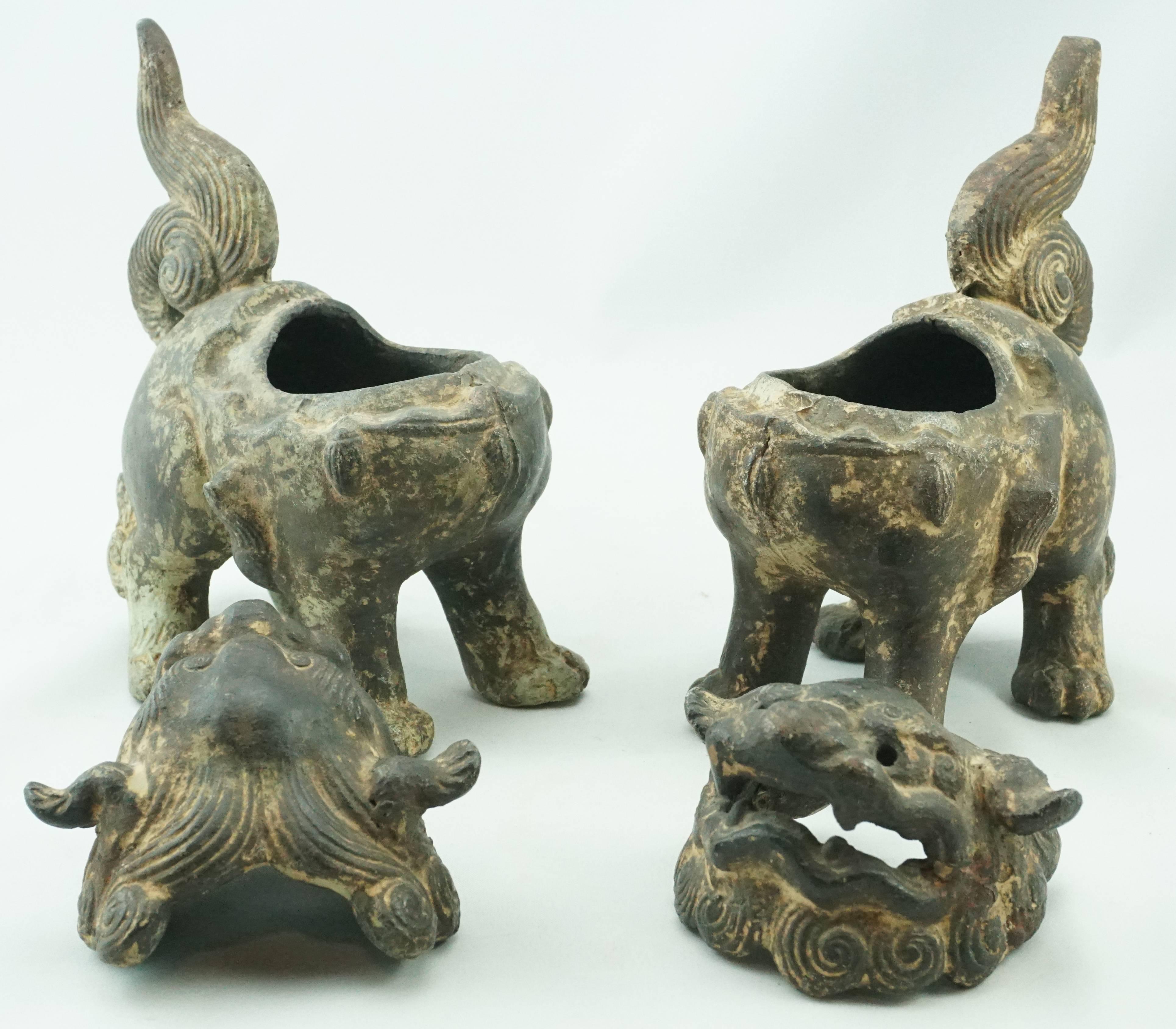 Chinese Export 19th Century Qing Chinese Cast Iron Foo Dogs Lions Incense Burners