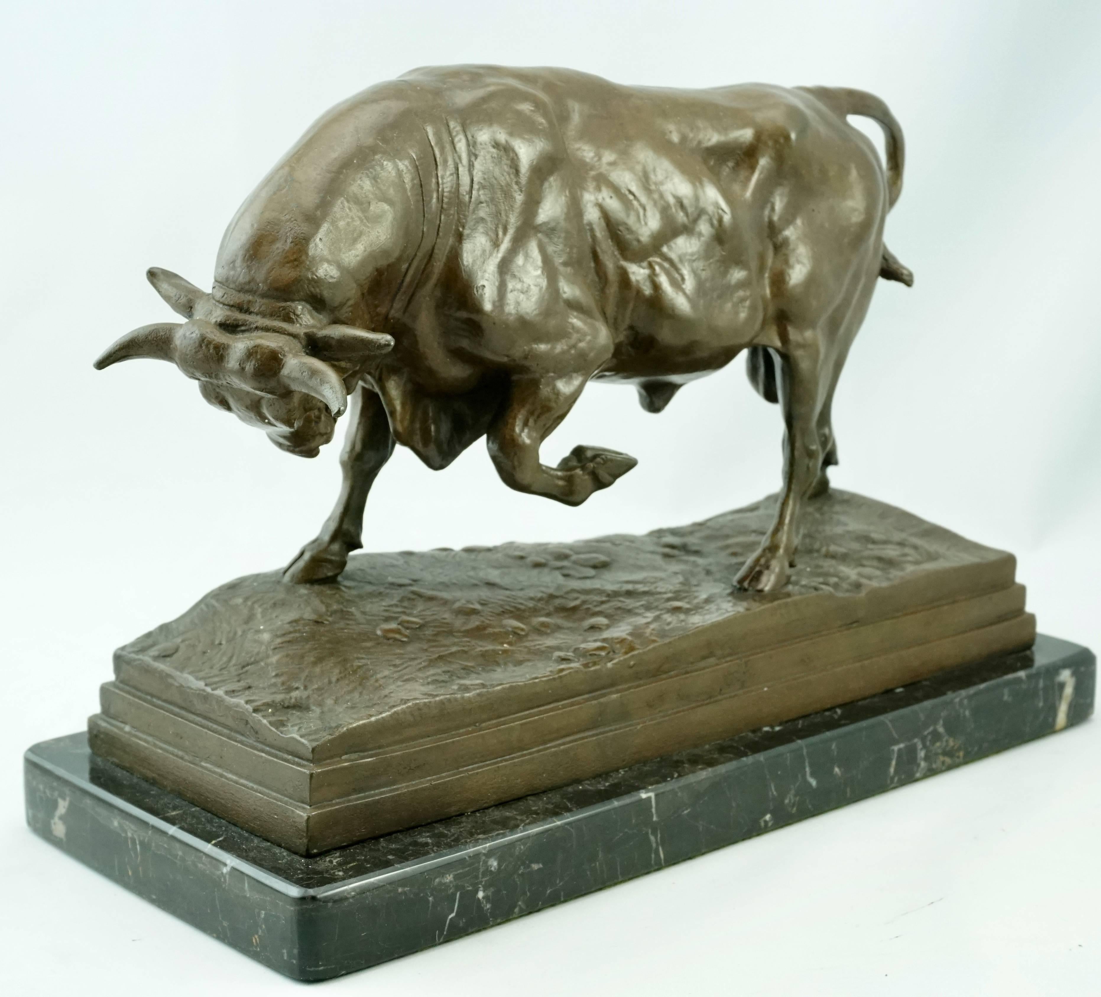 Antoine Louis Barye (French 1796-1875) bronze bull by F Barbedienne Fondeur, circa 1876. “An excellent character study of this powerful species” Rich chocolate brown patina mounted on period marble black and white veined plinth. Rare model!

Bull