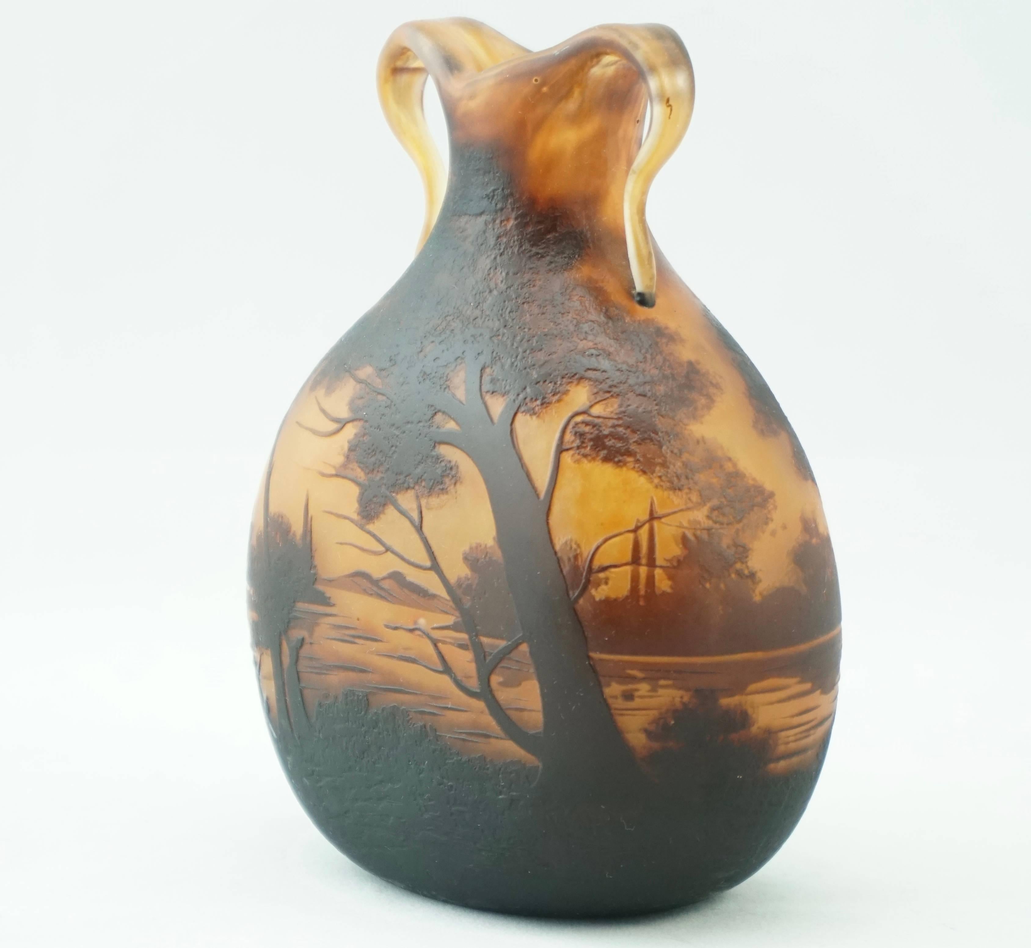 Etched Muller Freres Luneville Cameo Landscape vase 1900 For Sale