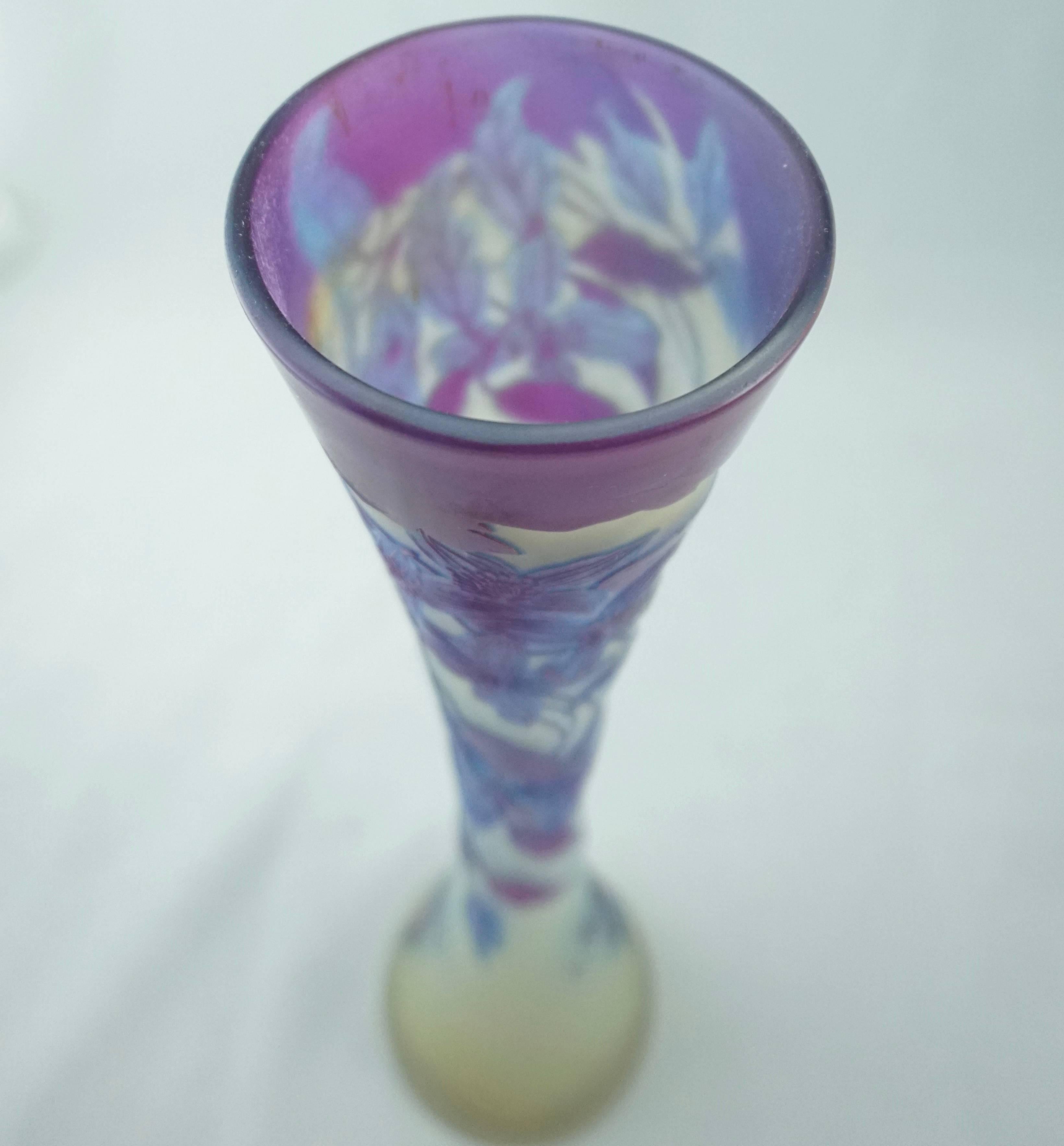 Emile Galle Window Pane Baby Blue and Violet Trumpet Vase In Excellent Condition In Dallas, TX