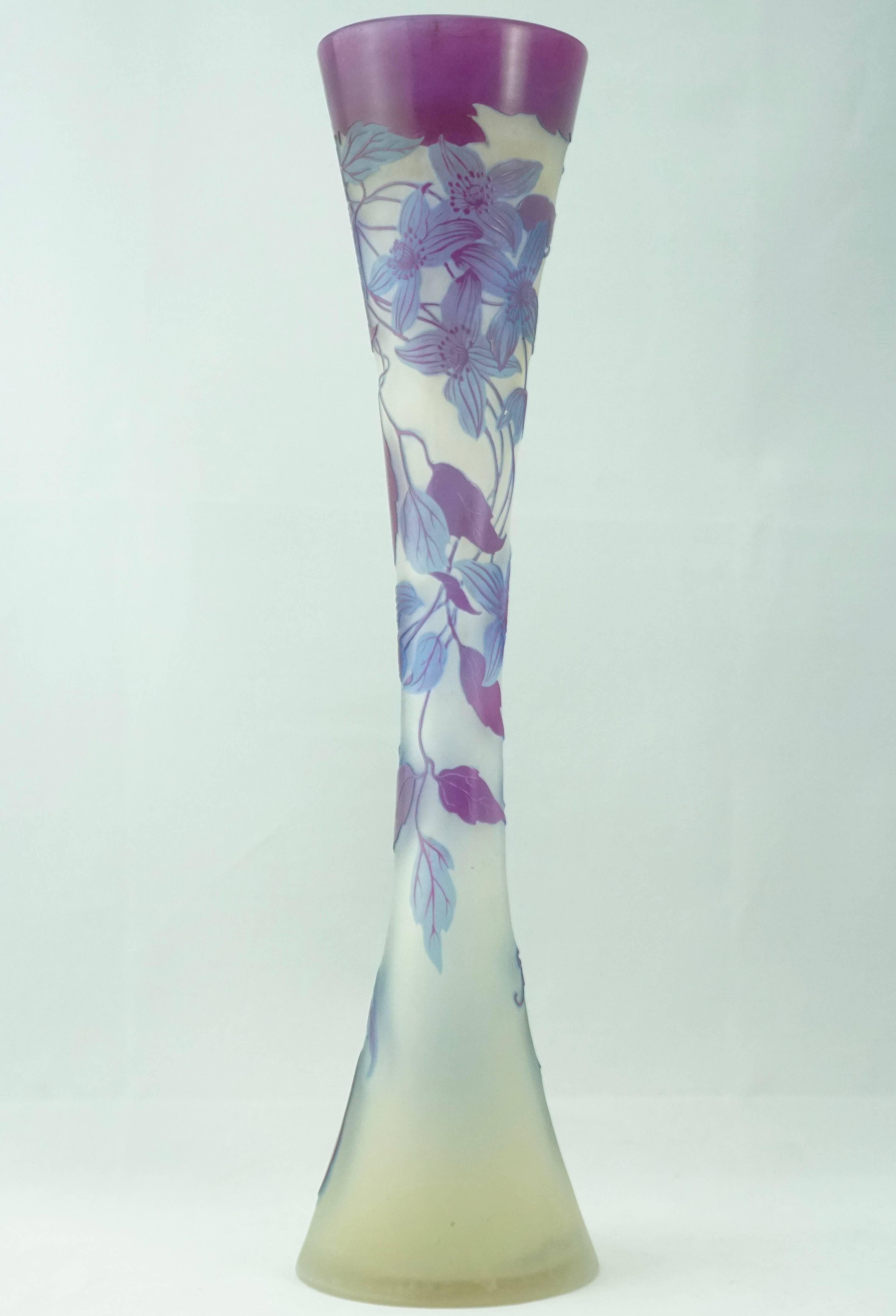 Art Nouveau Emile Galle Window Pane Baby Blue and Violet Trumpet Vase