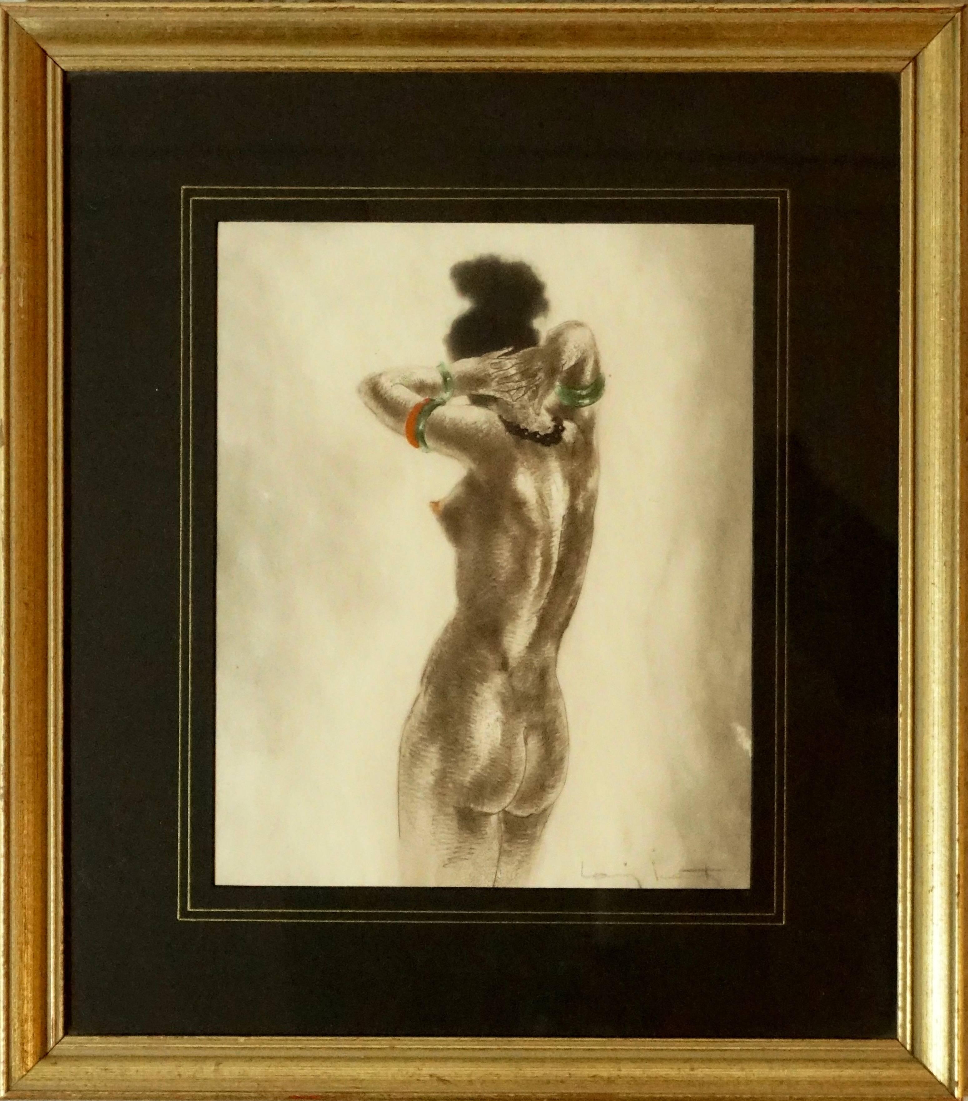 Louis Icart (French, 1888- 1950)
“Highly Swollen Areola”
La Vie Des Seins by Docteur Jacobus, 1945
Limited Edition of 190
Dry point etching on arches paper
Fig. 202, Louis Icart: Erotica
Signed in pencil lr.

An erotic scene of a black woman