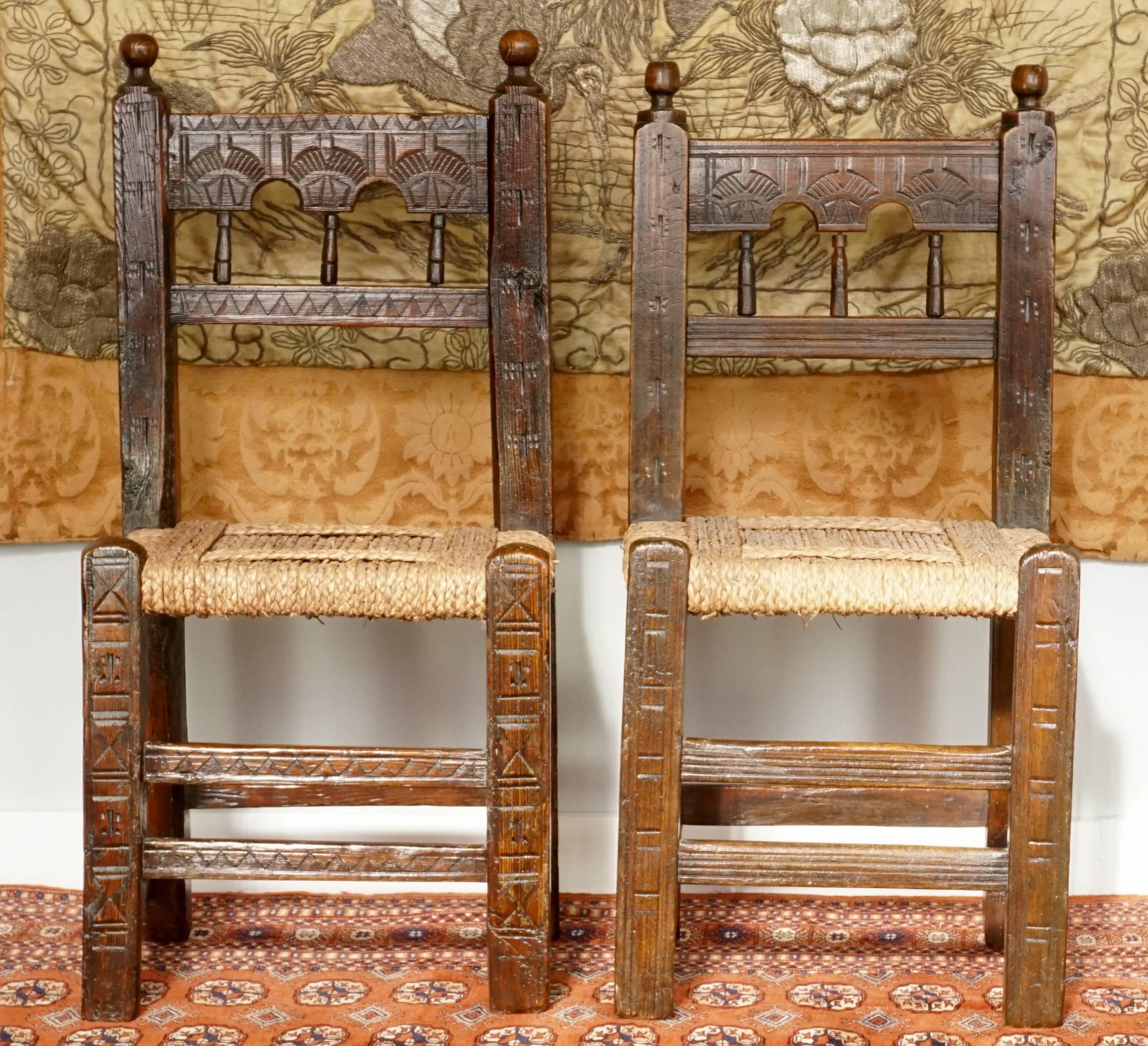 Hand-Carved Two 17th Century Spanish Moorish Side Chairs