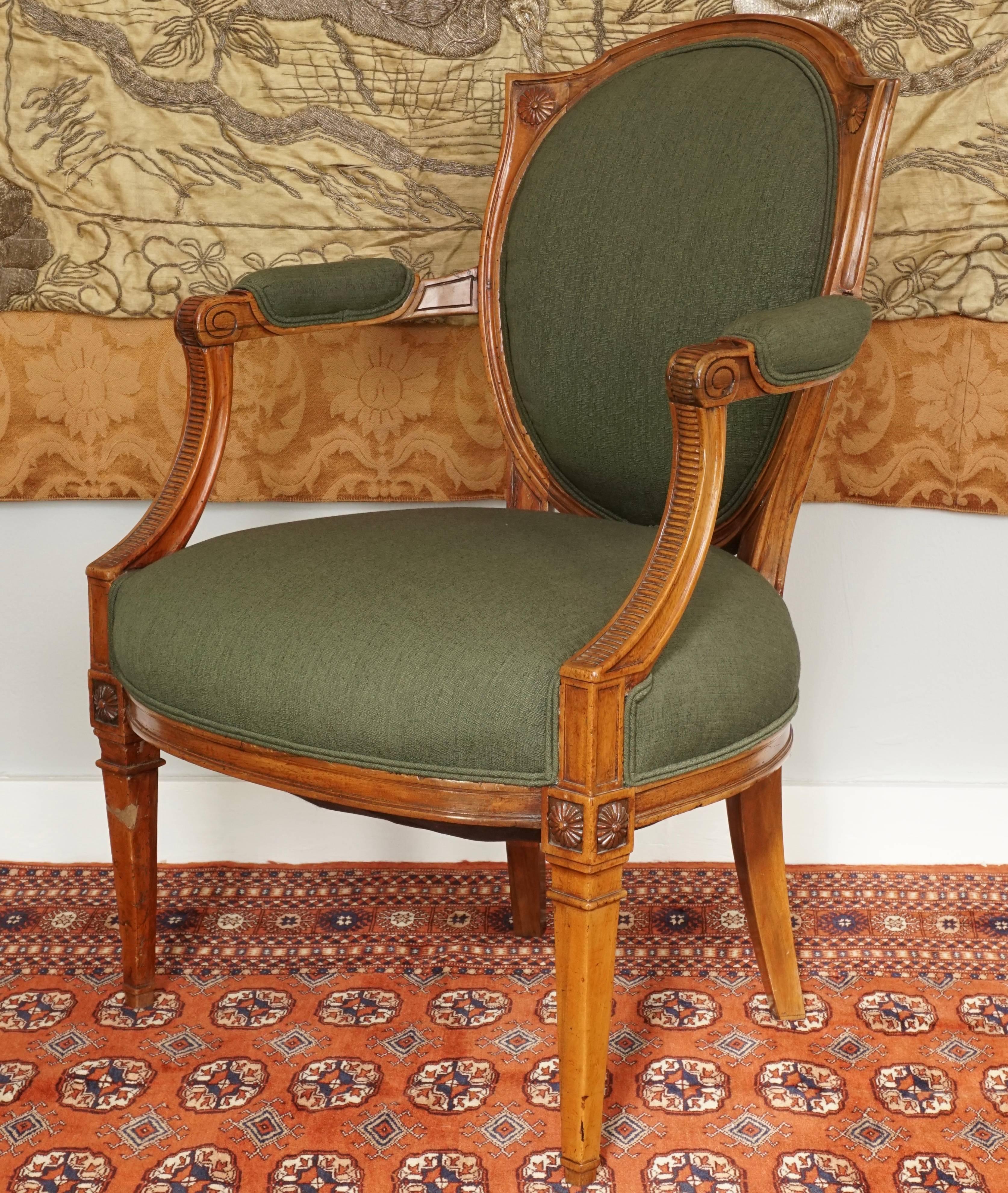 Hand-Carved French Louis XVI Walnut Upholstered Armchair Fauteuil, Late 18th Century