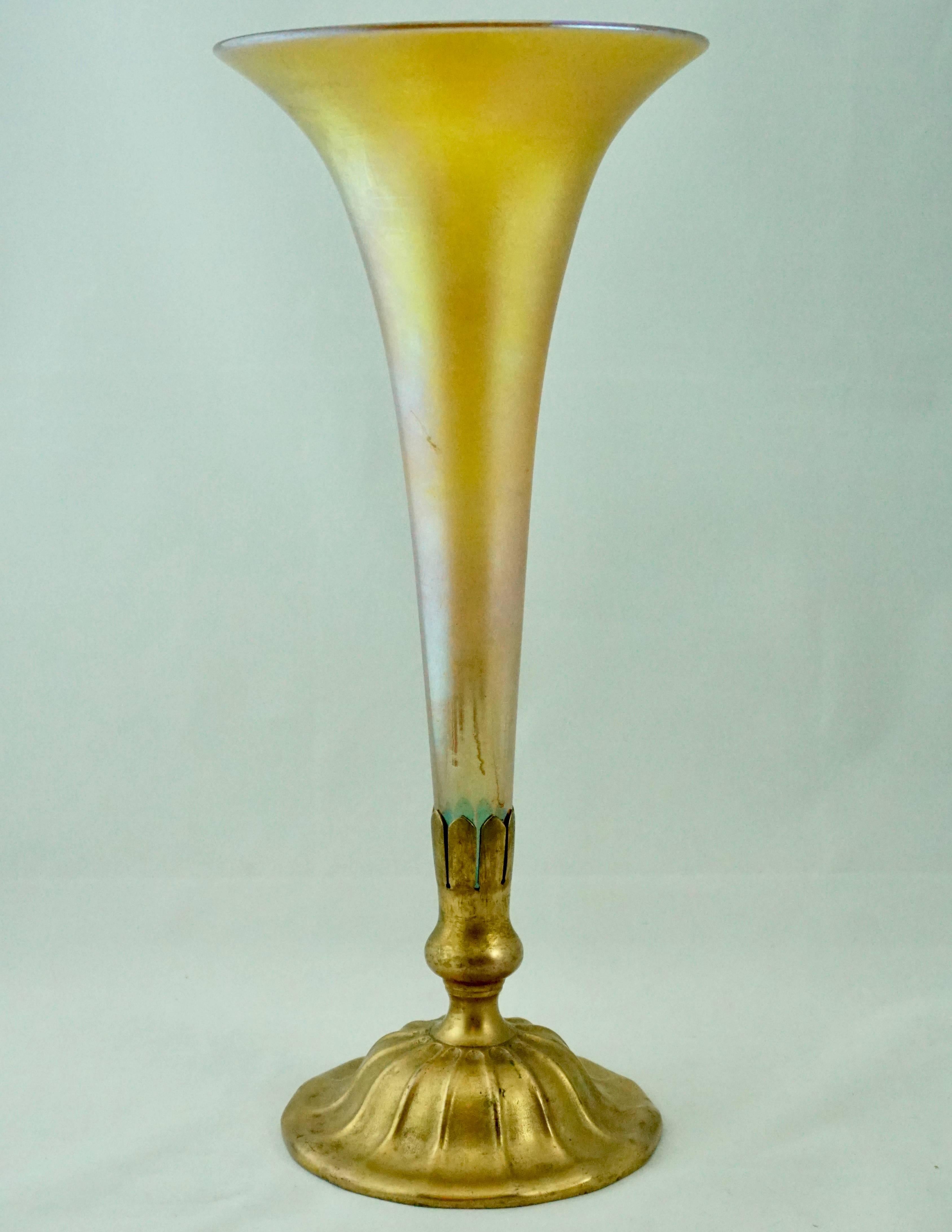 Art Nouveau Tiffany Studios New York Bronze and Favrile Trumpet Vase