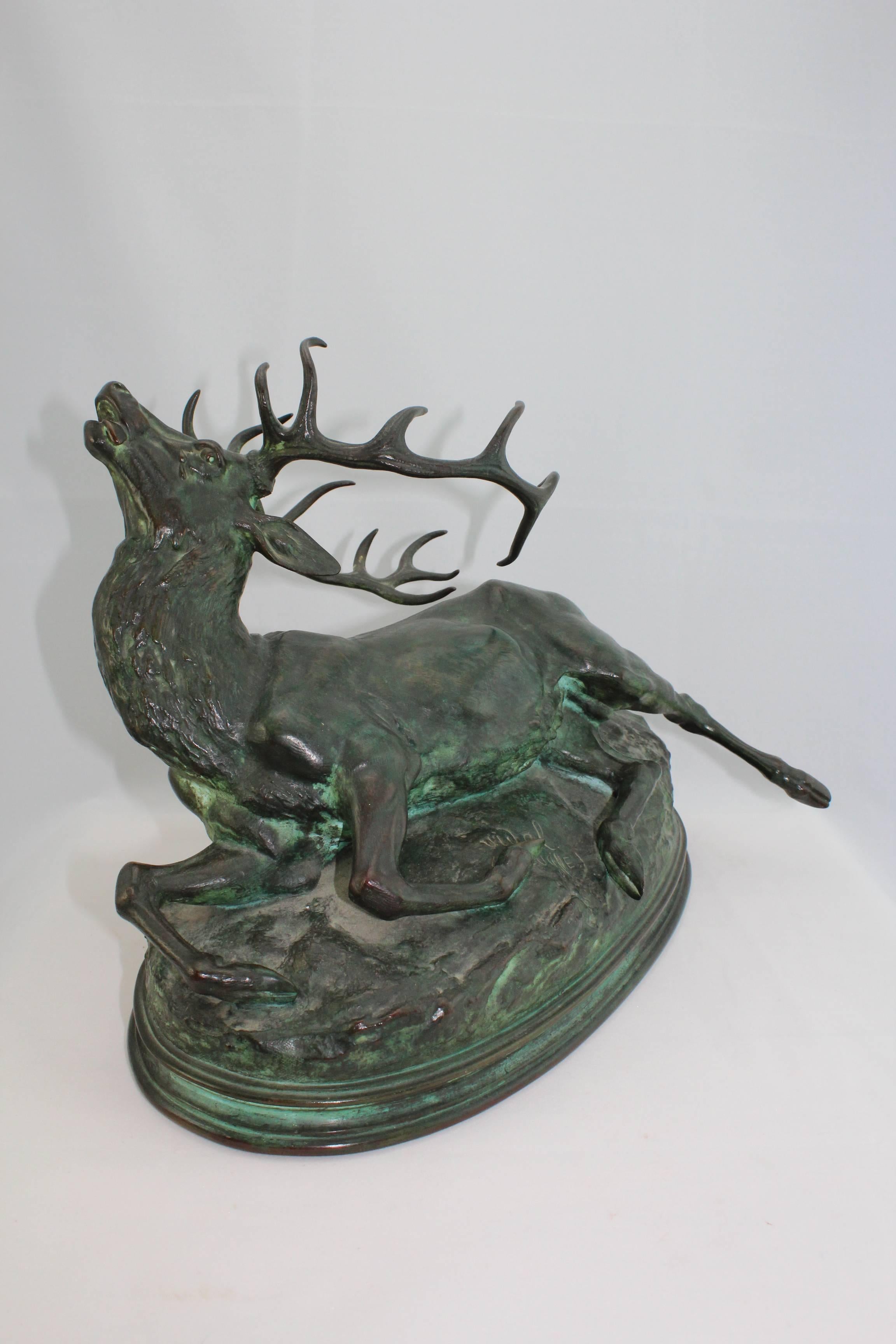 Louis Vidal (1831-1892) A Mortally Wounded Stag Deer or Elk, Bronze, 10 by 14 by 9 inches, Signed 