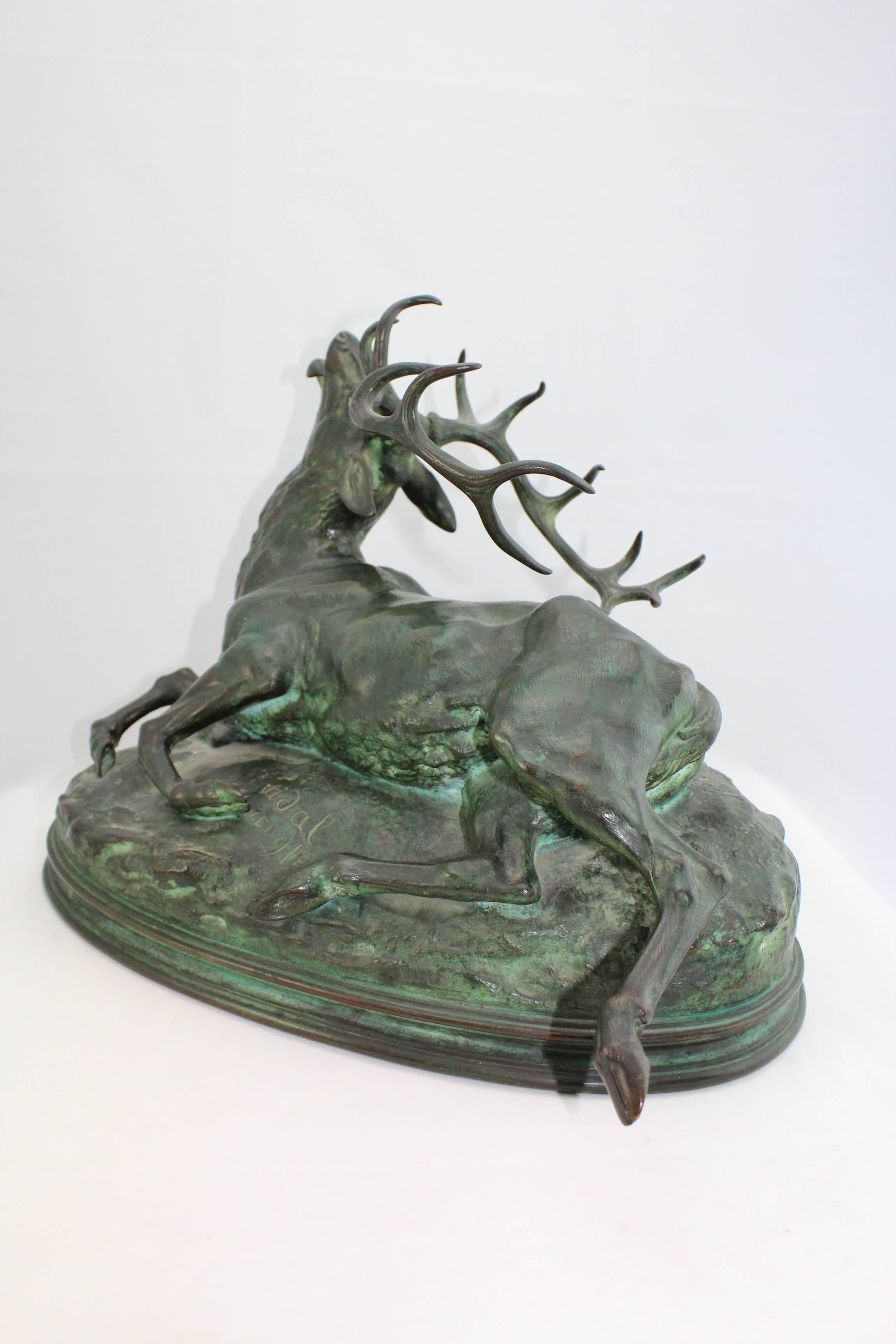Beaux Arts Louis Vidal, Bronze of a Wounded Stag, Barye, circa 1863