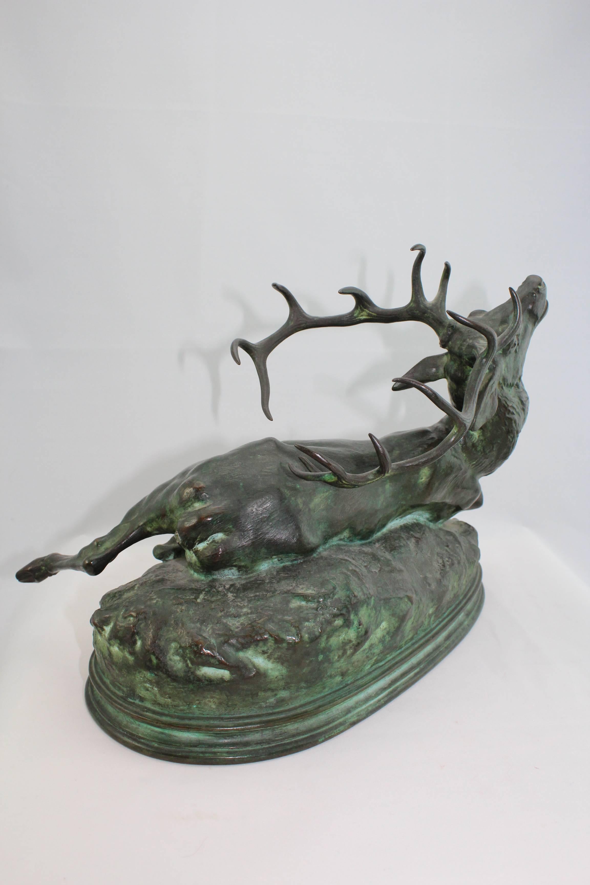 French Louis Vidal, Bronze of a Wounded Stag, Barye, circa 1863