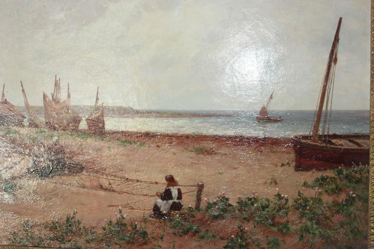 19th century French oil painting of woman mending fishing nets on the beach with sailboats.
Signed: A. Young
Oil on canvas.
19th century
Unlined with some minor in painting.
The scene represents woman sitting in the dunes in a fishing village