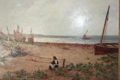 19th Century French Oil Painting of a Fishing Village with Woman Mending Nets