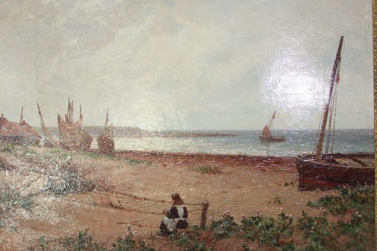 Beaux Arts 19th Century French Oil Painting of a Fishing Village with Woman Mending Nets