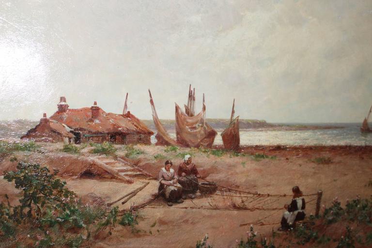 Hand-Painted 19th Century French Oil Painting of a Fishing Village with Woman Mending Nets