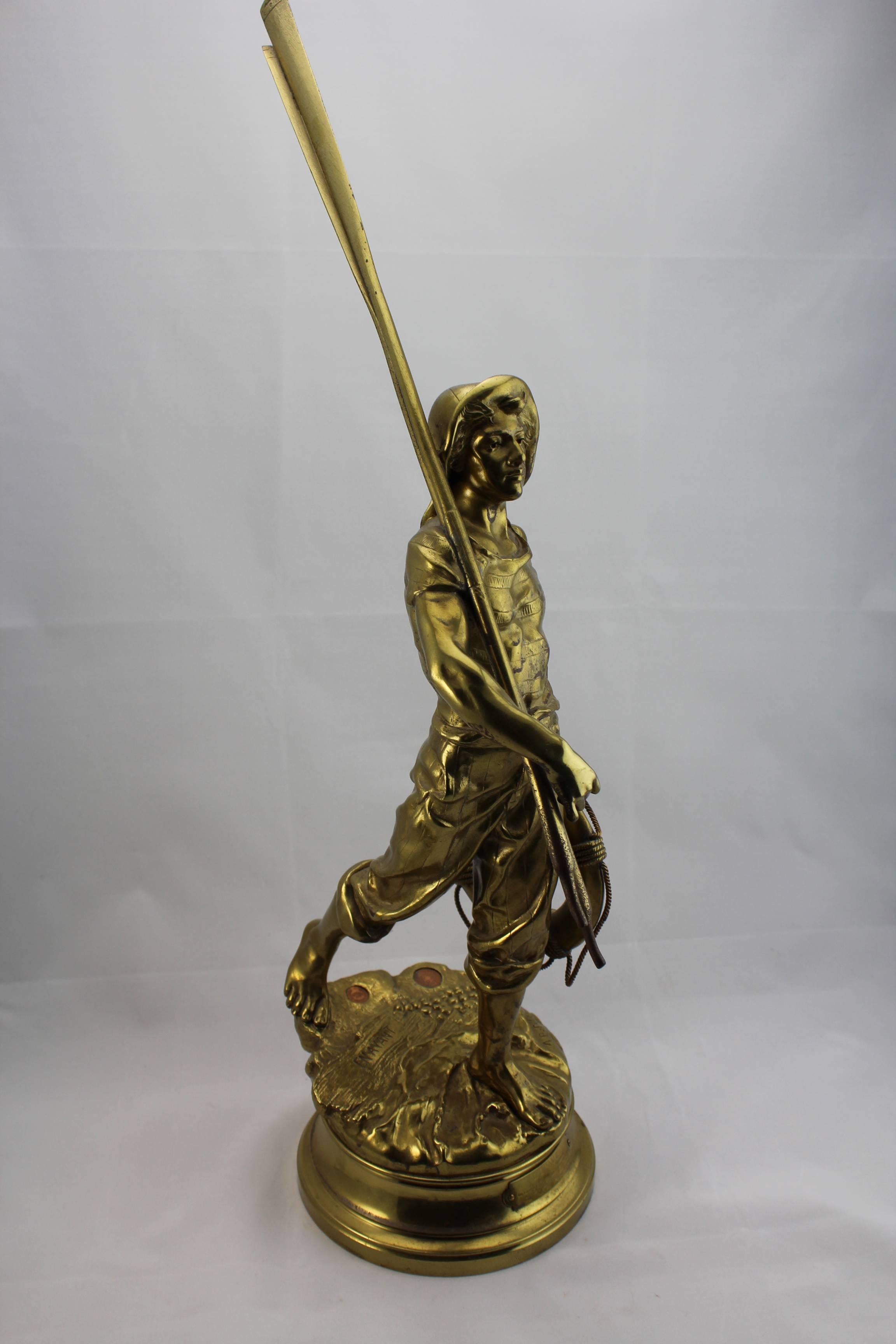 This larger than life gold gilded bronze of a sea man with oars will decorate any area and be a great conversation piece. The composition and casting detail are amazing. This is the largest of these models standing at 25 inches. 
En Avant