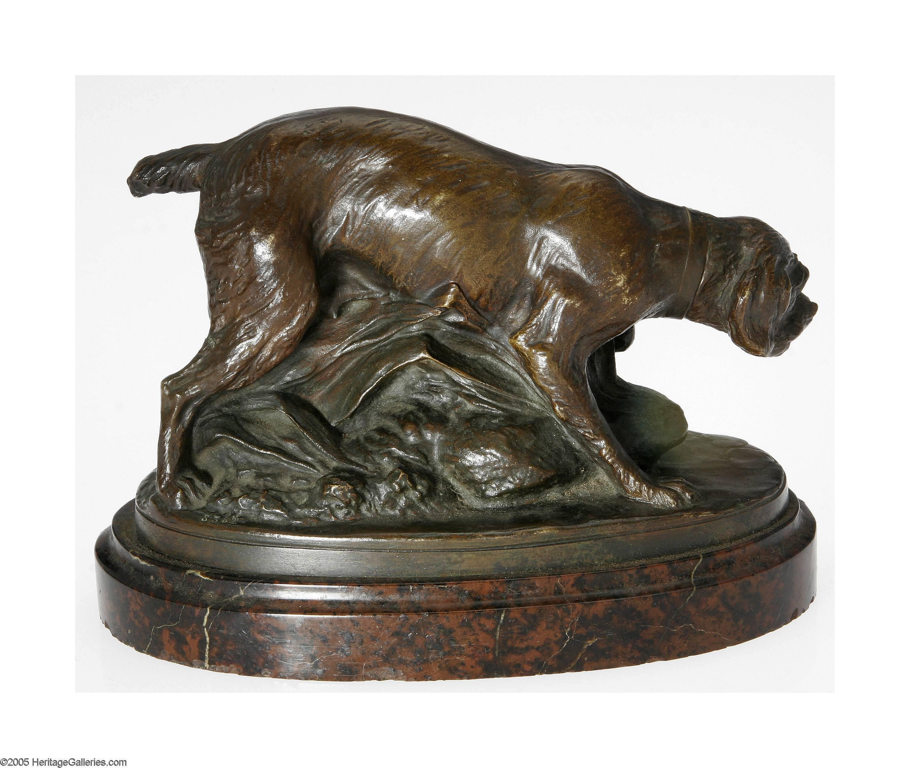 The oval marble platform supports a bronze sculpture of a French hunting dog, probably a Griffon, Spaniel or pointer hunting in the marshes. The patina is chocolate brown and stunning. The curves and lines are Art Nouveau, Art Deco at its finest.